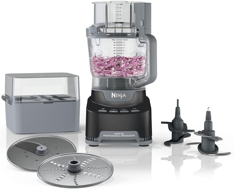 Ninja Food Processor. Professional Plus. 1000 Peak Watts. 4 Functions for Chopping. Slicing. Purees & Dough with 9-Cup Processor Bowl. 3 Blades. Food Chute & Pusher. Silver. BN601