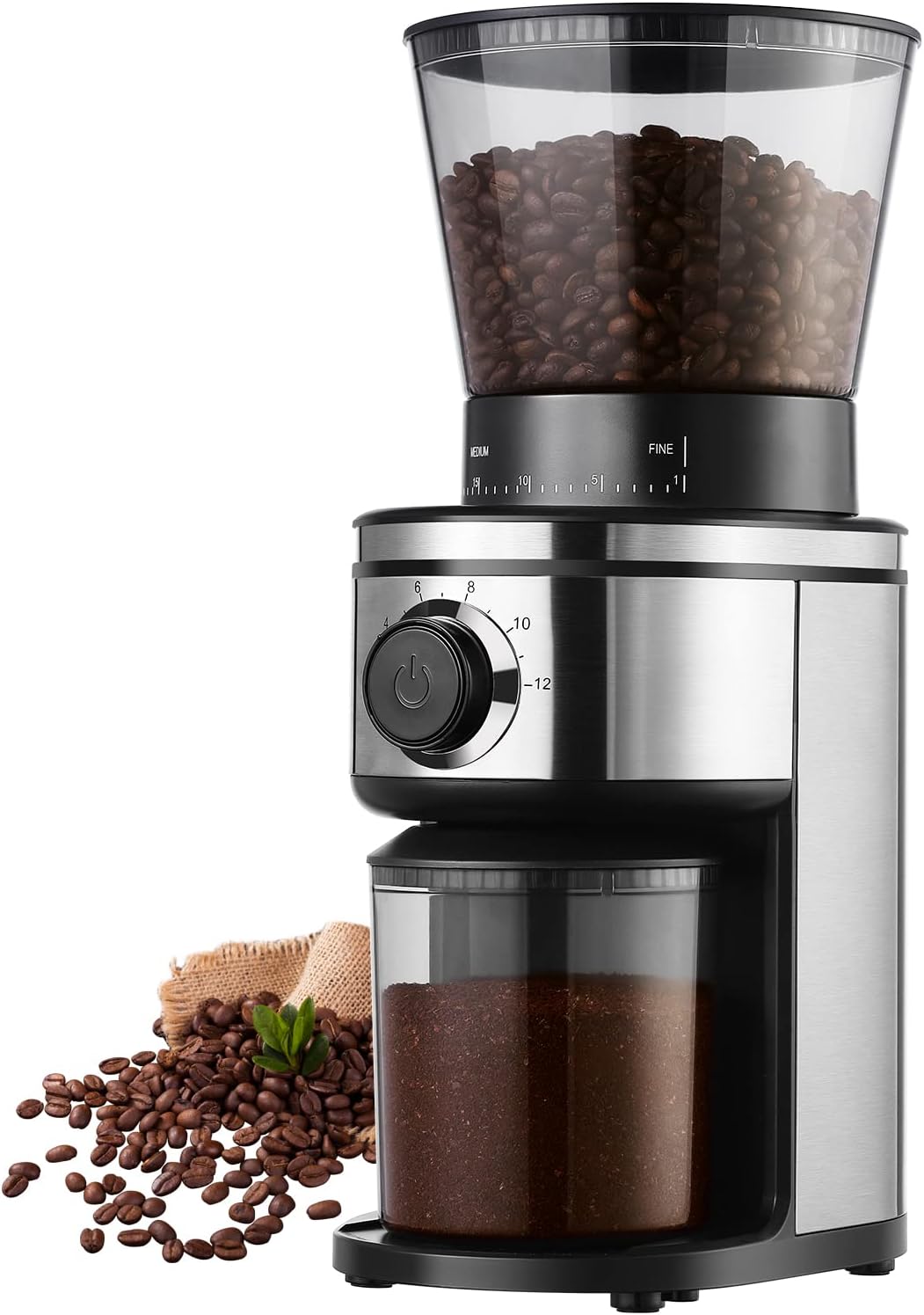 Burr Coffee Grinder. Electric Conical Coffee Bean Grinder With 30 Adjustable Grind Settings For 2-12 Cups. Sliver & Black