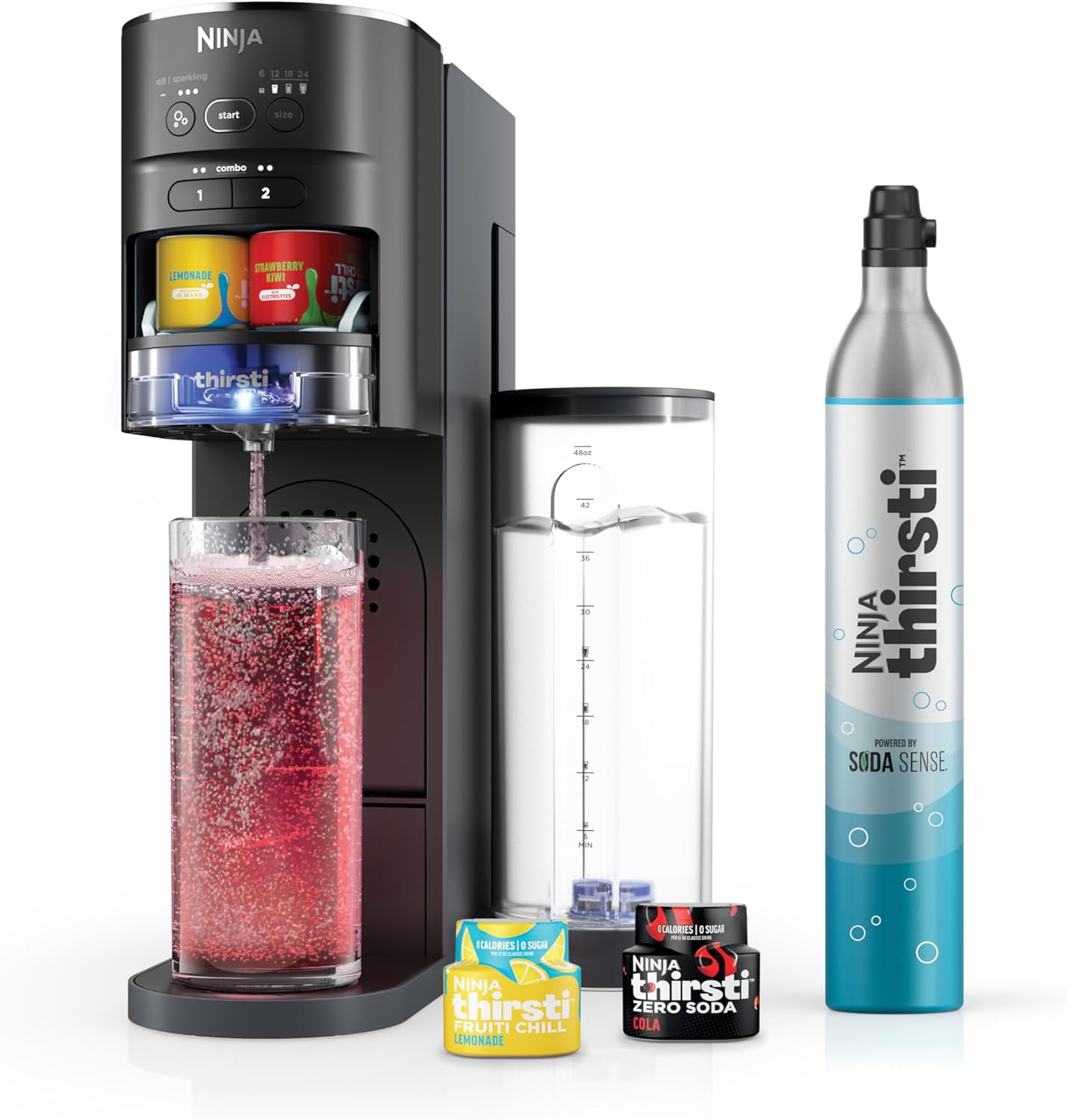 Ninja Thirsti Drink System. Soda Maker. Create Unique Sparkling & Still Drinks. Personalize Size & Flavor. Carbonated Water Machine. 60L CO2 Cylinder & Variety of Flavored Water Drops. Black WC1001