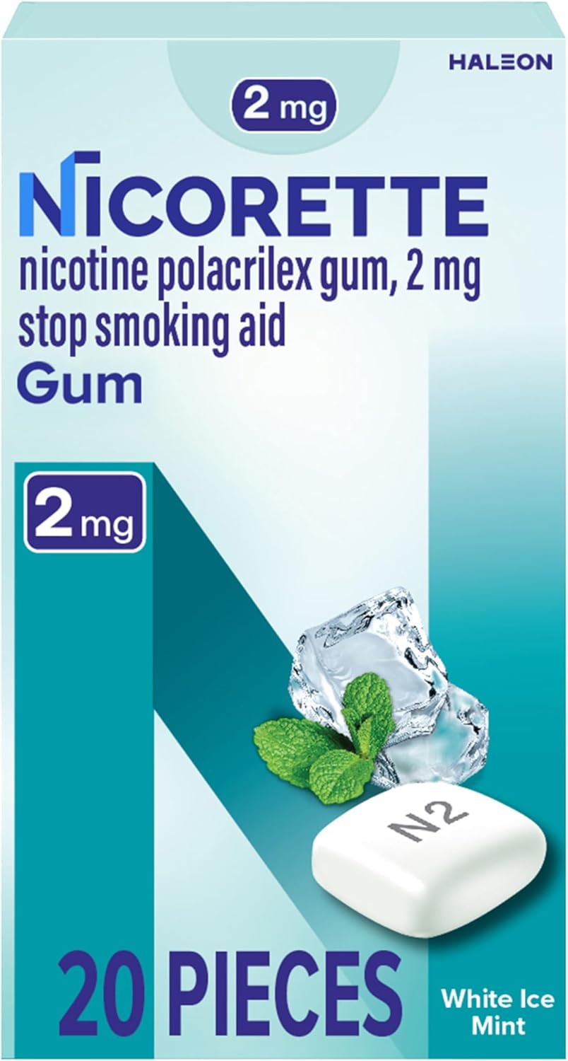 Nicorette Nicotine Gum Stop Smoking Aid. 2 mg. White Ice Mint Flavor - 200 Count