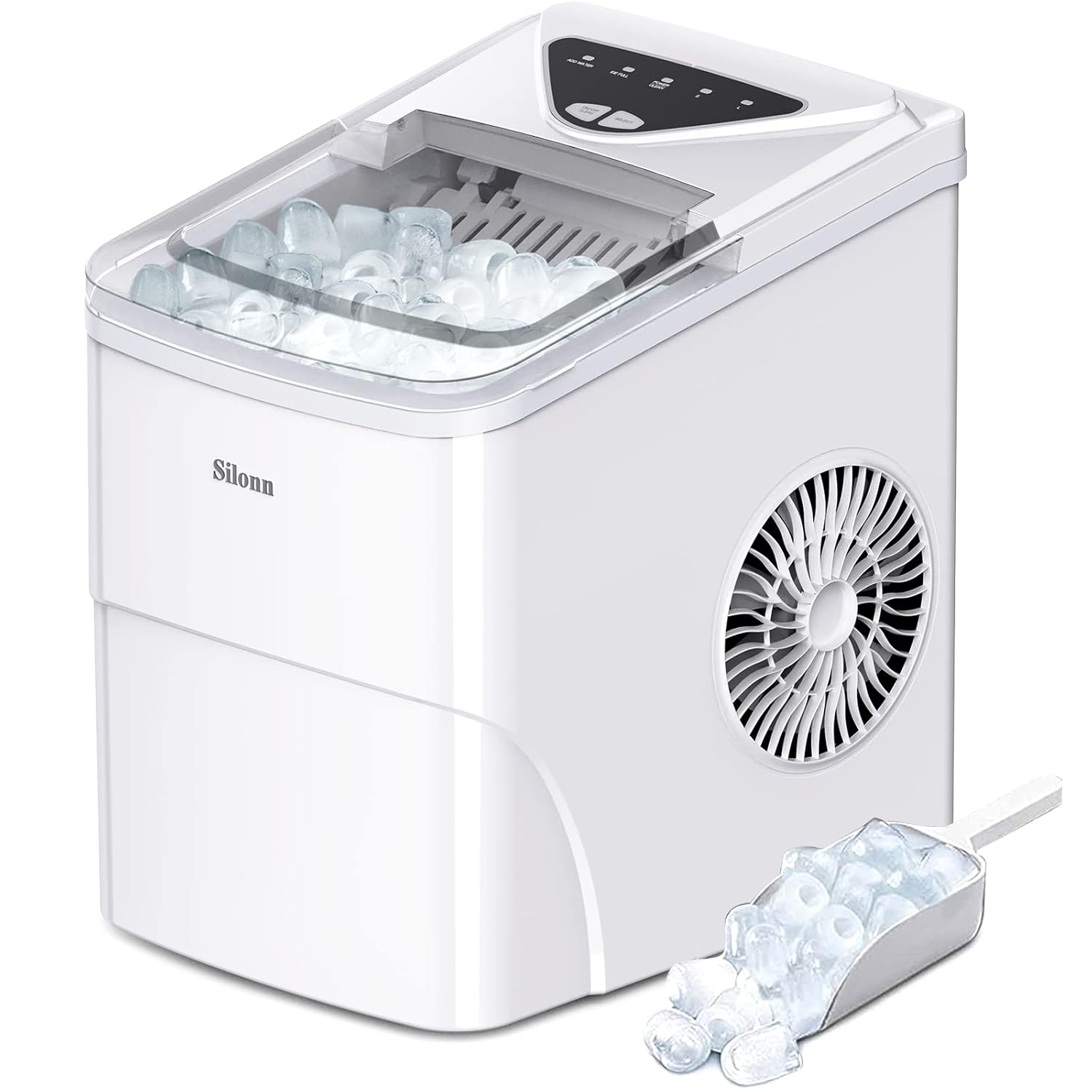Silonn Ice Maker Countertop. 9 Cubes Ready in 6 Mins. 26lbs in 24Hrs. Self-Cleaning Ice Machine with Ice Scoop and Basket. 2 Sizes of Bullet Ice for Home Kitchen Office Bar Party