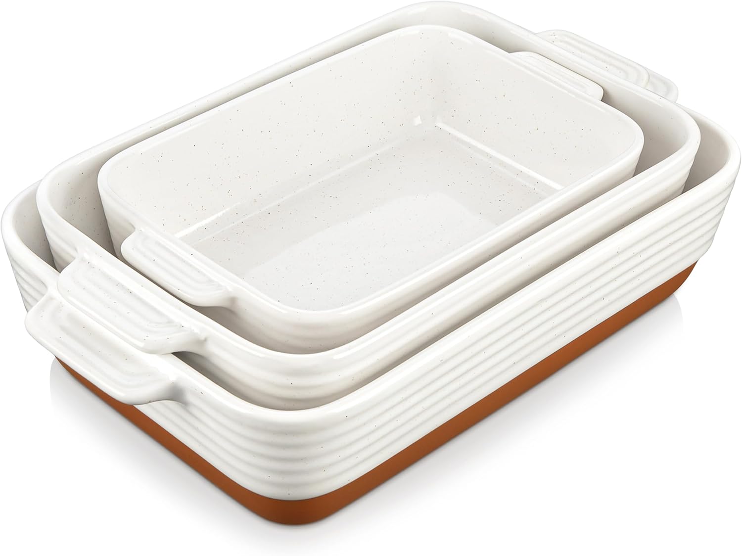 MALACASA Casserole Dishes for Oven. Ceramic Baking Dishes Set of 3. Baking Pan Casserole Dish Set. Rectangular Lasagna Pan Deep with Handles for Baking. Khaki White (14.5''/13''/10.5''). Series TARA