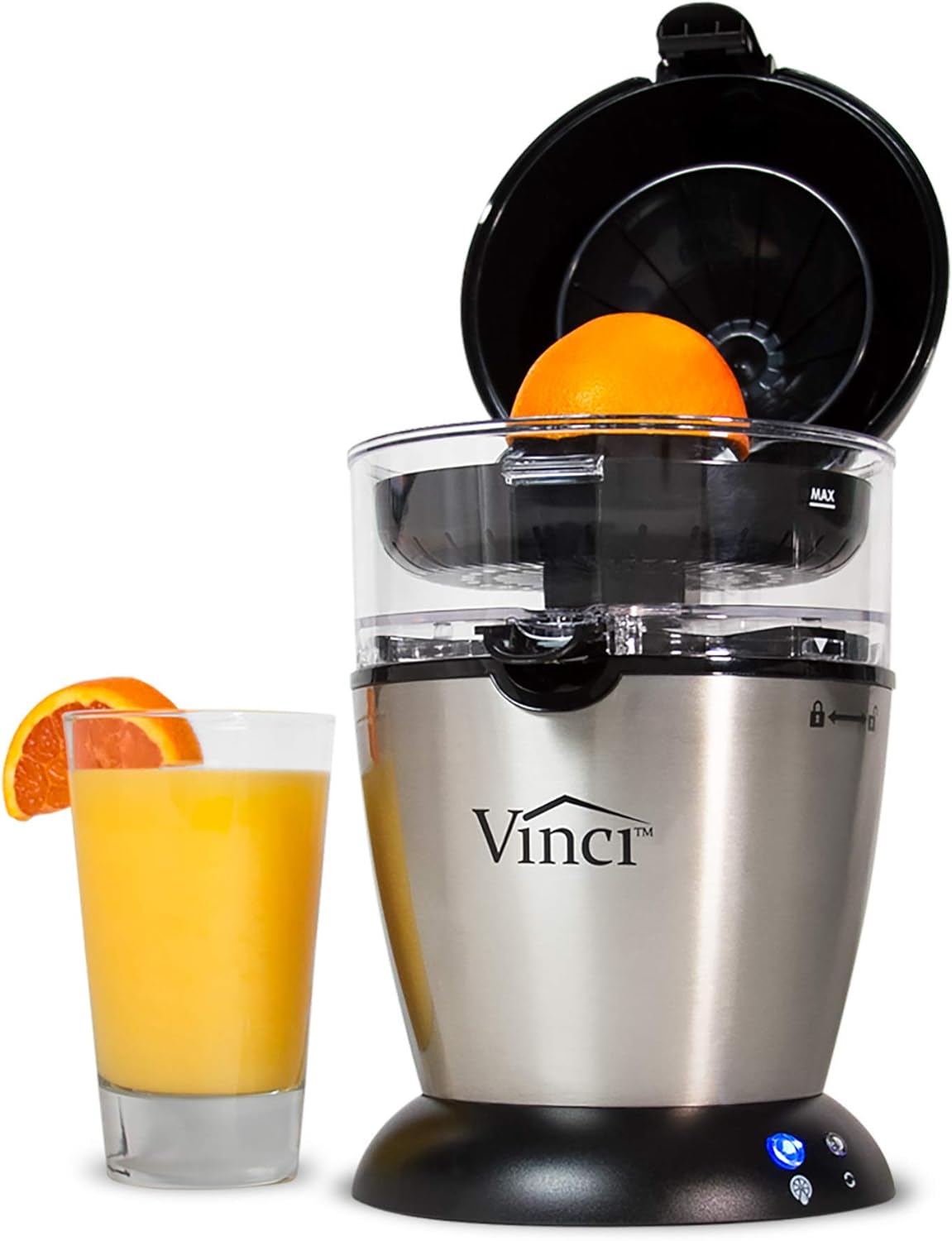 Vinci Hands Free Electric Citrus Juicer. 1-Button Juicer Machine. Orange Lime Grapefruit Lemon Squeezer. Easy to Clean Orange Juicer Squeezer. Black/Stainless Steel