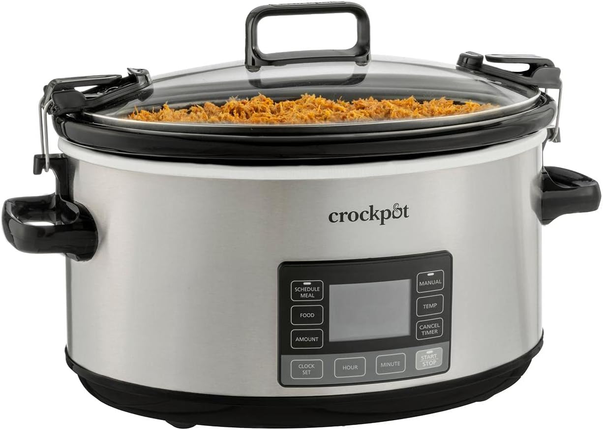 Crock-Pot 7-Quart Slow Cooker. Portable Programmable with Timer. Locking Lid. Stainless Steel; an Essential Kitchen Appliance. Perfect for Families and Gatherings