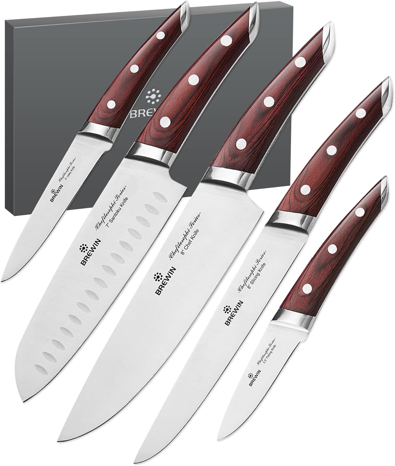 Brewin CHEFILOSOPHI Japanese Chef Knife Set 5 PCS with Elegant Red Pakkawood Handle Ergonomic Design.Professional Ultra Sharp Kitchen Knives for Cooking High Carbon Stainless Steel