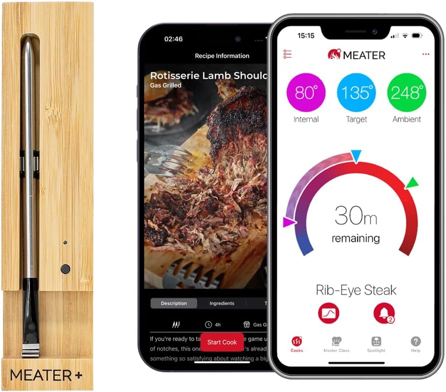 MEATER Plus: Smart Bluetooth Wireless Meat Thermometer Digital | BBQ. Grill. Oven. Smoker. Air Fryer. Kitchen | Perfect for Steak. Chicken. Turkey. and More | Delicous Recipes in App
