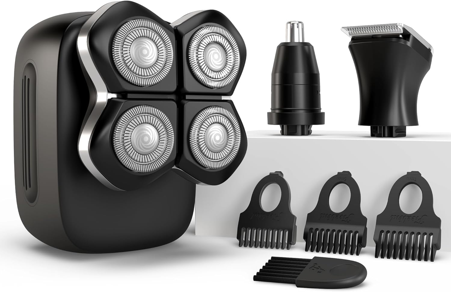 FlexSeries Electric Head & Body Hair Shaver - Mens Cordless Rechargeable Wet/Dry Skull Bald Head Back & Groin Waterproof Razor with Rotary Blades. Clippers. Nose Trimmer. Brush. Massager
