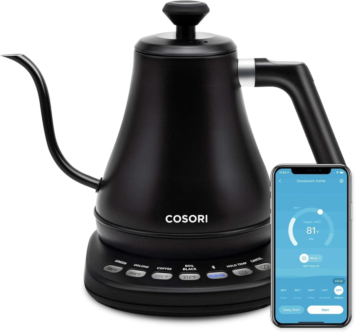 COSORI Electric Gooseneck Kettle with 5 Temperature Control Presets. Pour Over Kettle for Coffee & Tea. Hot Water Boiler. 100% Stainless Steel Inner Lid & Bottom. 1200W/0.8L