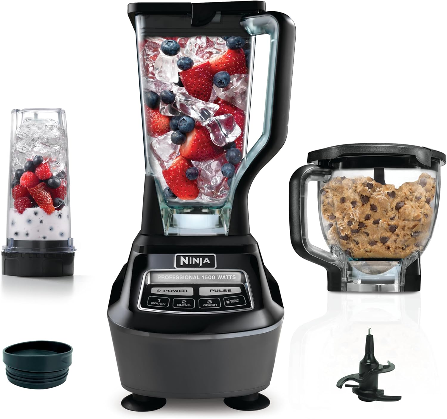Ninja Blender. Mega Kitchen System. 1500W. 4 Functions for Smoothies. Processing. Dough. Drinks & More. with 72 Blender Pitcher. 64 Processor Bowl. 2 Nutri Cups + Lids. Black. BL770