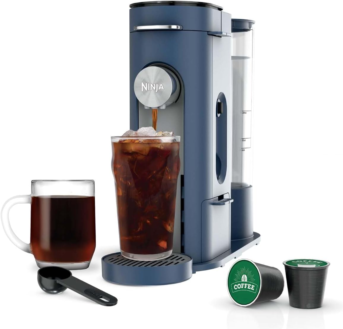 Ninja Pods & Grounds Single-Serve Coffee Maker. K-Cup Pod Compatible. Brews Grounds. Compact Design. 56-oz. Reservoir. 6-oz. Cup to 24-oz. Travel Mug Brew Sizes. Iced Coffee Maker. Stone. PB041ST