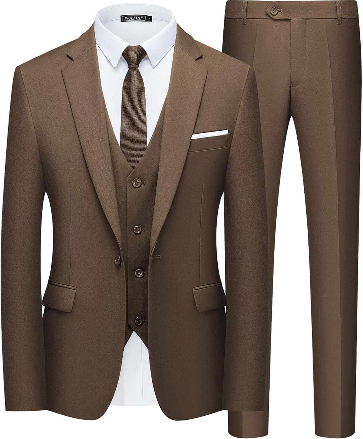WULFUL Men's Slim Fit Suit One Button 3-Piece Blazer Dress Business Wedding Party Jacket Vest & Pant