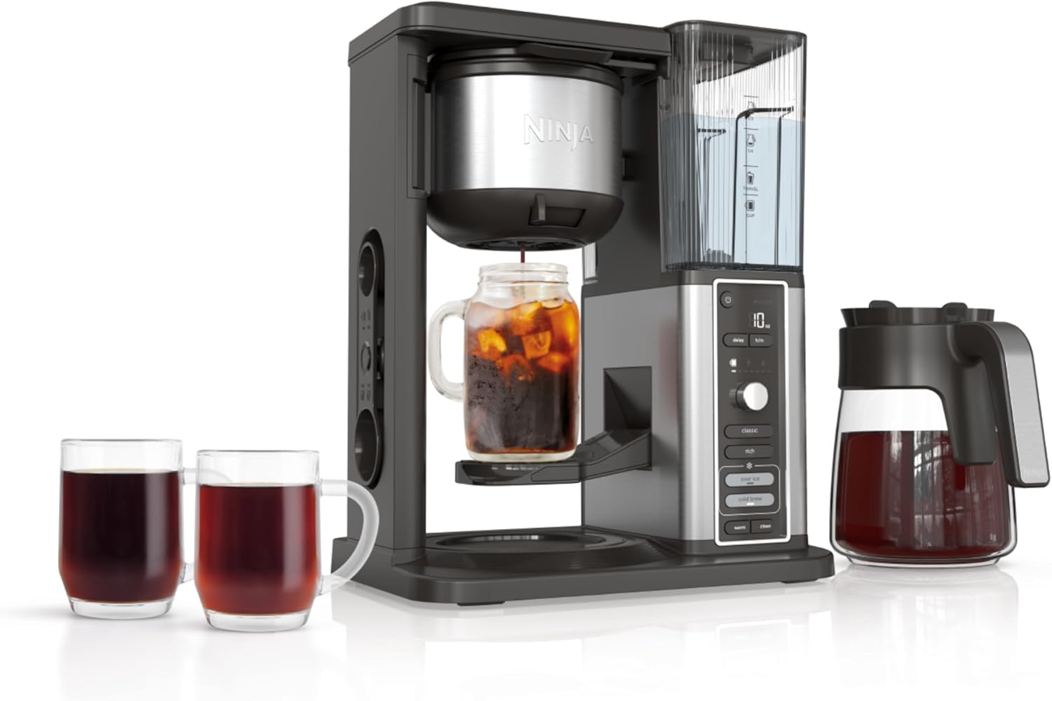 Ninja Hot & Iced XL Coffee Maker with Rapid Cold Brew. 4 Brew Styles. 8 Sizes Small Cup to Travel Mug. Single-Serve Coffee Brewer. 12-Cup Carafe. Permanent Filter. Removable Reservoir. Black. CM371