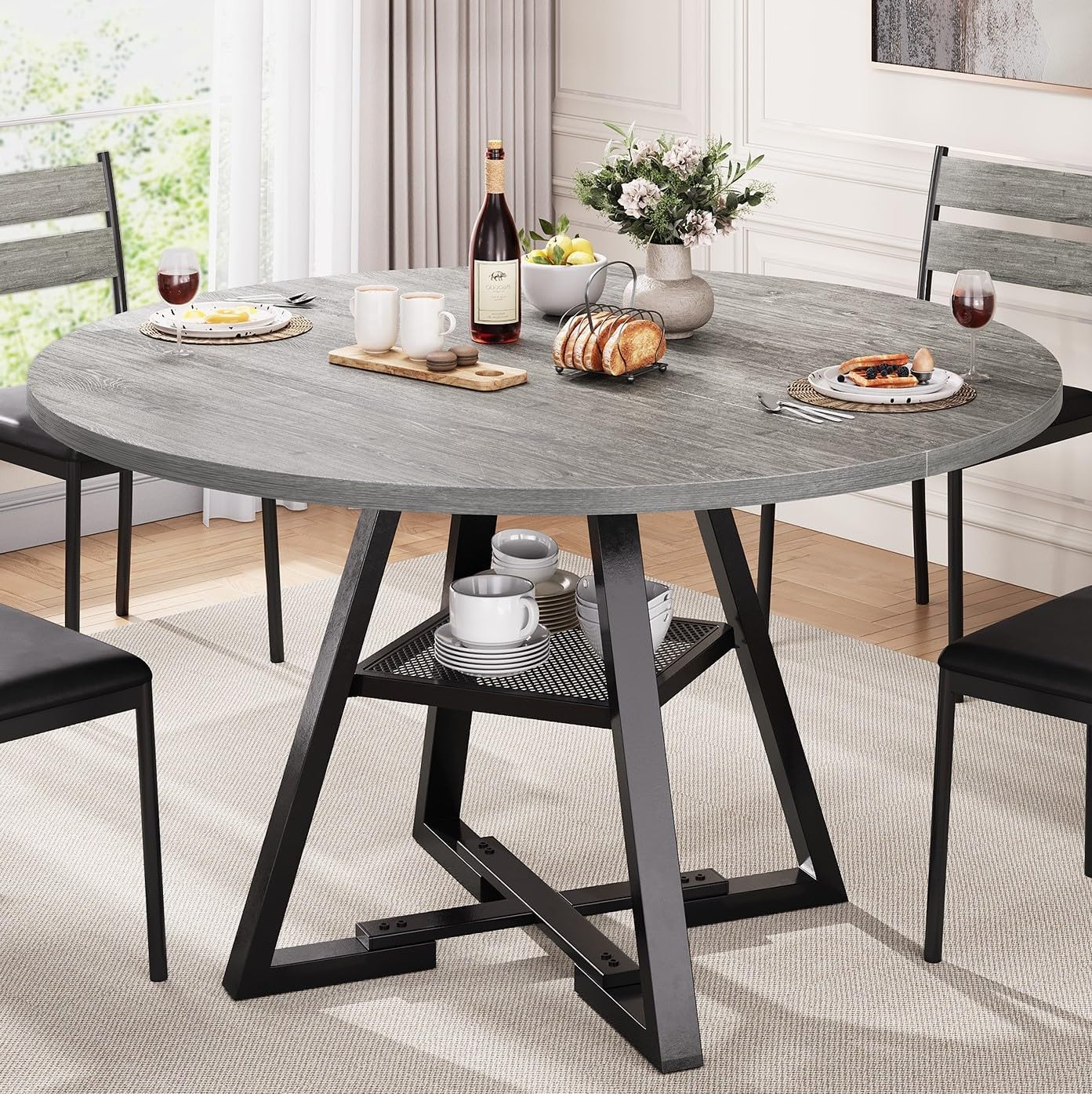 Round Dining Table for 4.Kitchen Dining Room Circle Dinner Pedestal Table.Space Saving Wood Kitchen & Dining Room Furniture (Vintage. 47In)
