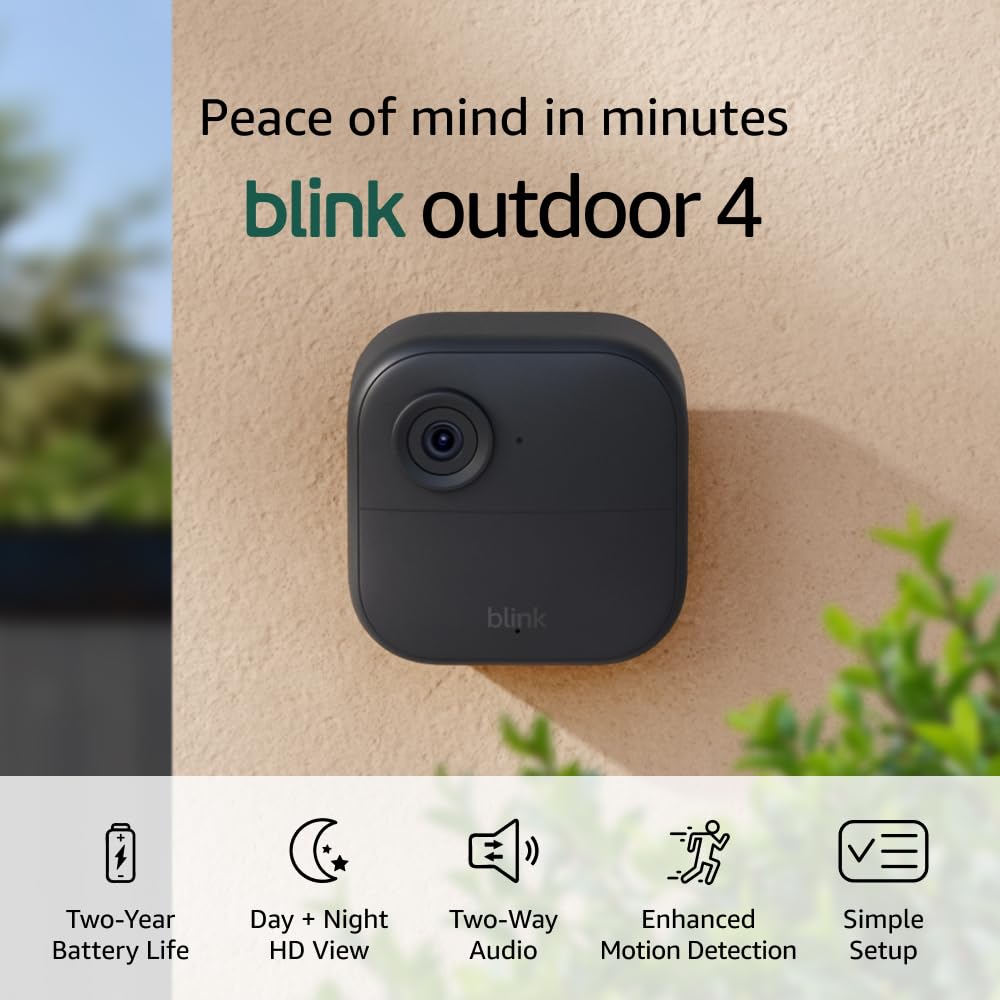 Blink Outdoor 4 (newest model). Wireless smart security camera. two-year battery. 1080p HD day and infrared night live view. two-way talk – 3 camera system