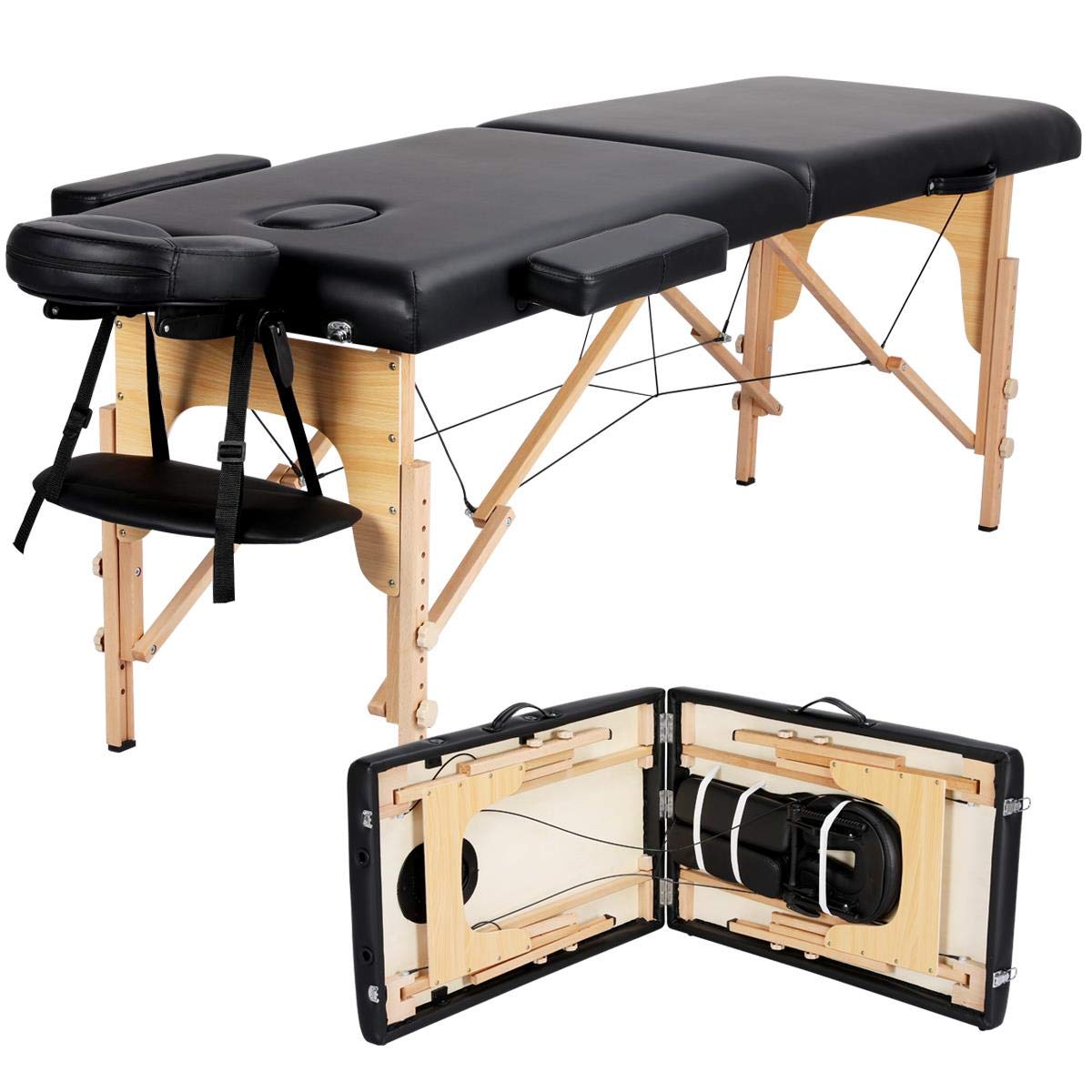 Yaheetech Massage Table Portable Lash Beds Spa Bed Massage Couch Foldable Spa Tables Adjustable 2 Fold with Non-Woven Bag 24 inch. Black