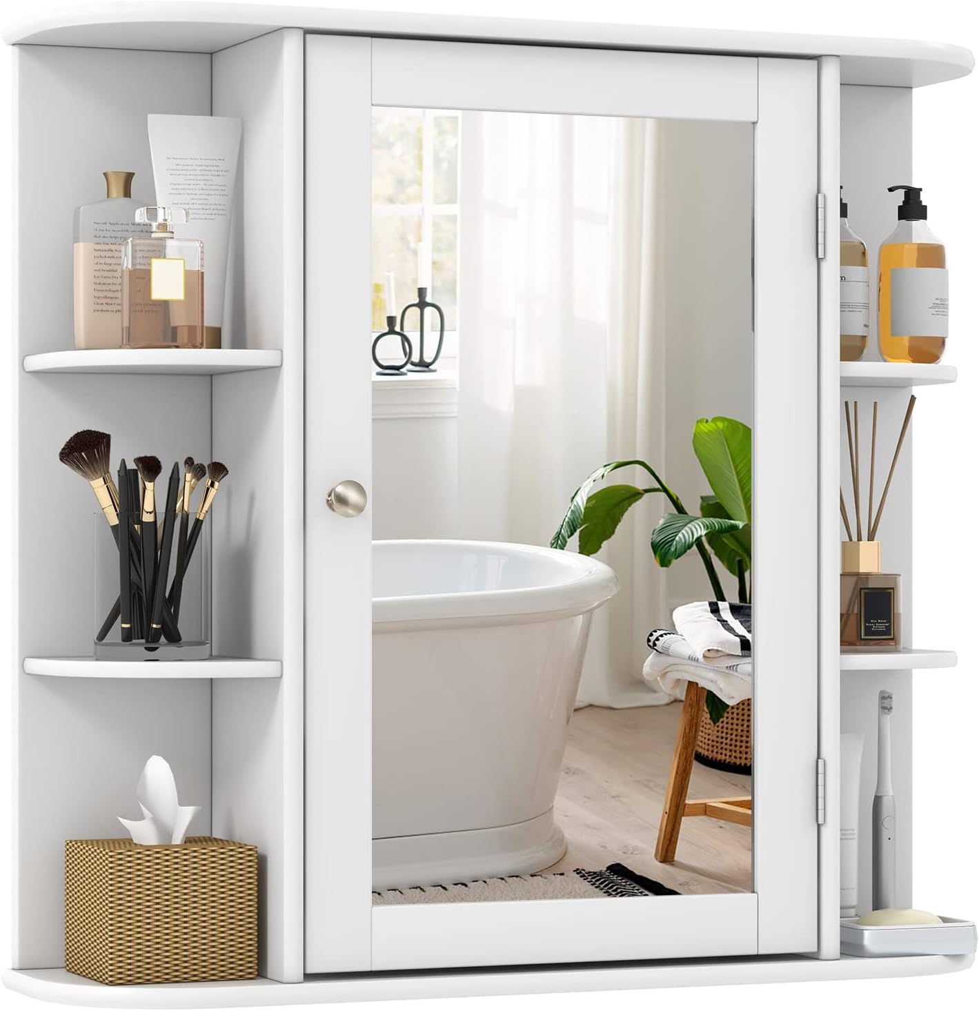 Tangkula Bathroom Medicine Cabinet with Mirror. Wall Mounted Home Storage with Door & 6 Open Shelves. Adjustable Shelves. Mirrored Bathroom Wall Cabinet (White)