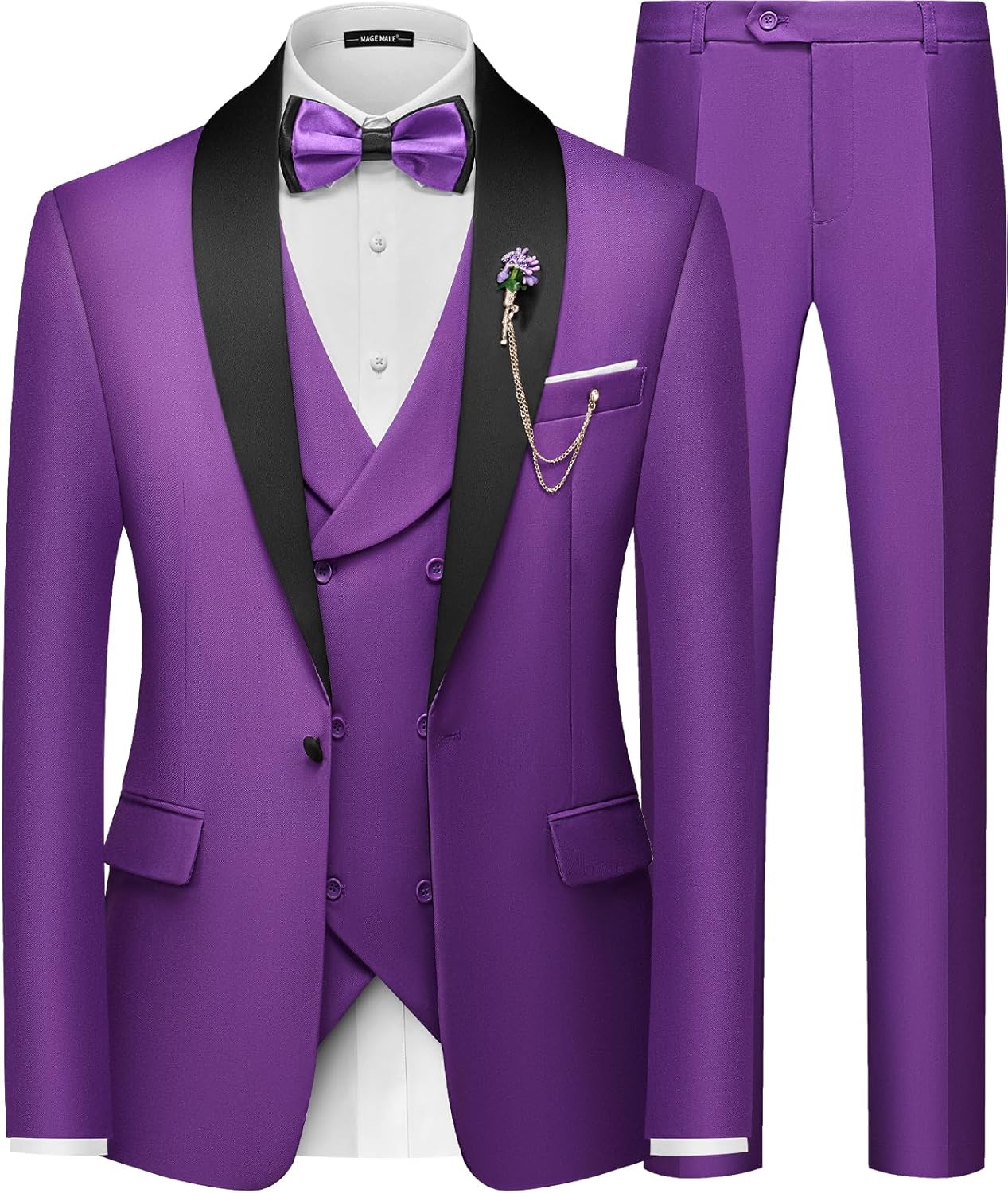 MAGE MALE Men's Slim Fit 3 Piece Suit One Button Solid Shawl Lapel Blazer Jacket Vest Pants Set with Tie Pocket Square
