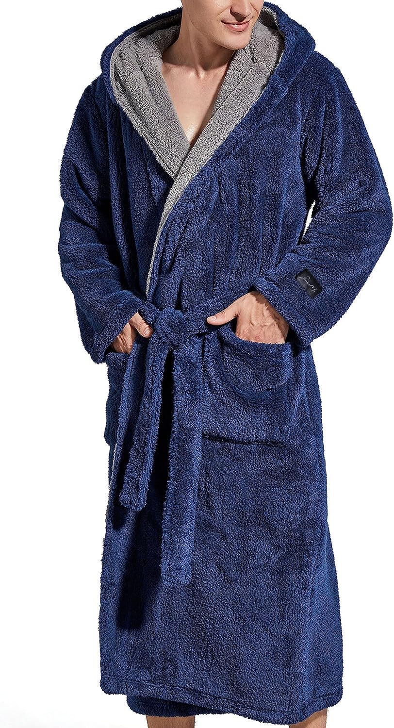 SlumberMee Mens Fleece Plush Robe with Hood Ultra Soft Fluffy Full Length Long with Pockets Luxurious House Coat