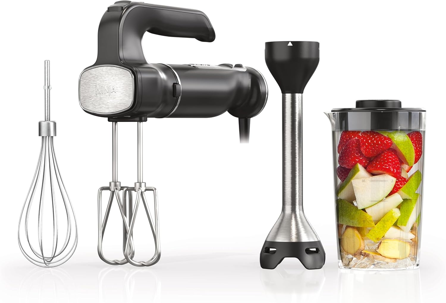Ninja Hand Mixer. Immersion Blender. Foodi Power Mixer System. 750-Peak-Watt Handheld Emulsion Blender & Electric Hand Mixer Combo With Whisk. Beaters & 3-Cup Blending Vessel.120 volts. Black CI101