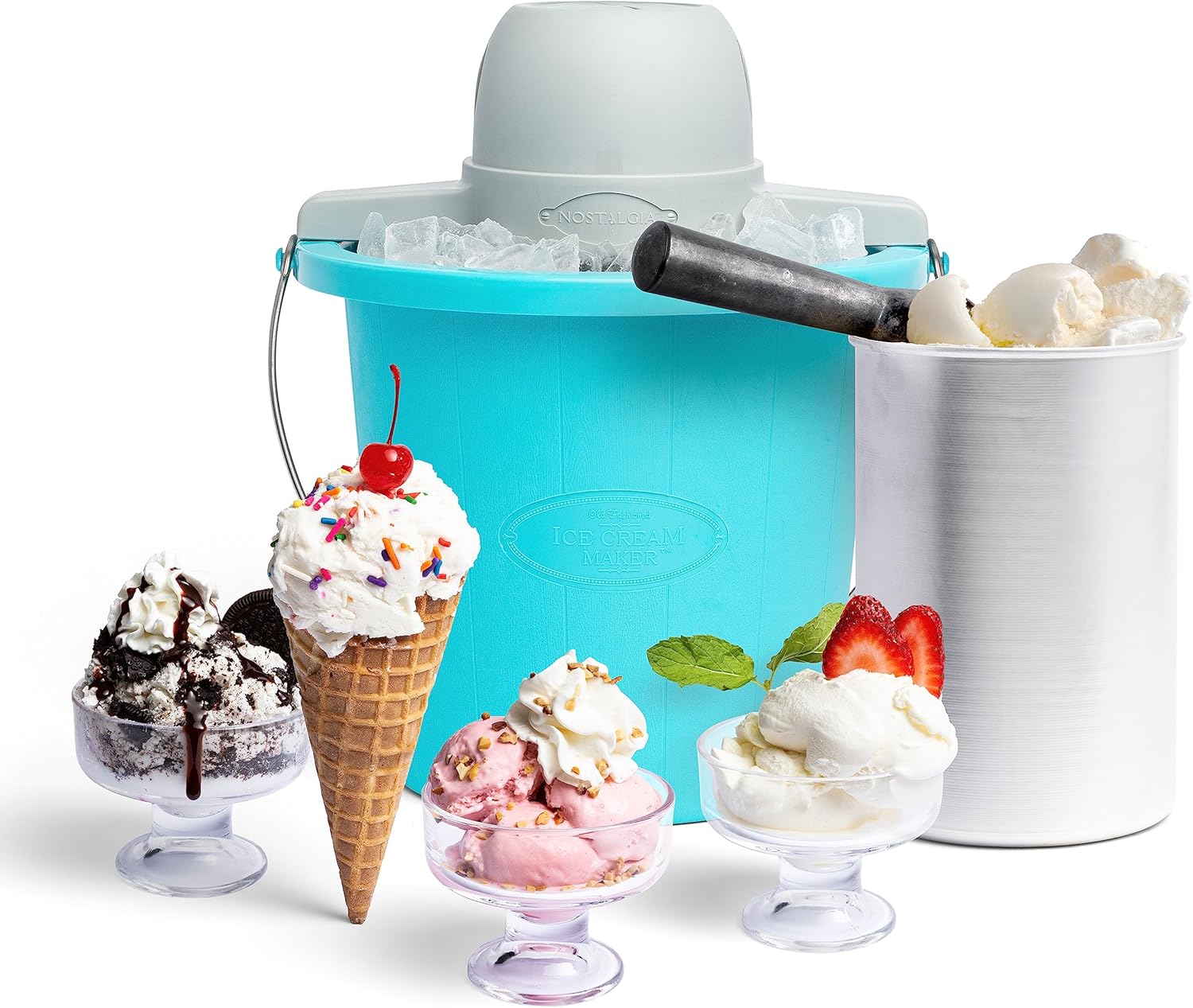 Nostalgia Electric Ice Cream Maker - Old Fashioned Soft Serve Ice Cream Machine Makes Frozen Yogurt or Gelato in Minutes - Fun Kitchen Appliance - Vintage Wooden Style - Dark Wood - 6 Quart