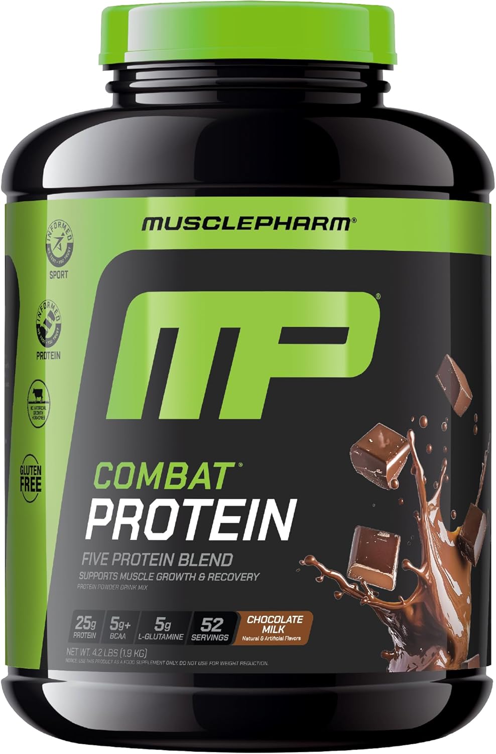 MusclePharm Combat Protein Powder. Chocolate Milk Flavor. Fuels Muscles for Productive Workouts. 5 Protein Sources Including Whey Protein Isolate & Egg Albumin. Gluten Free. 4.2 lb. 52 Servings