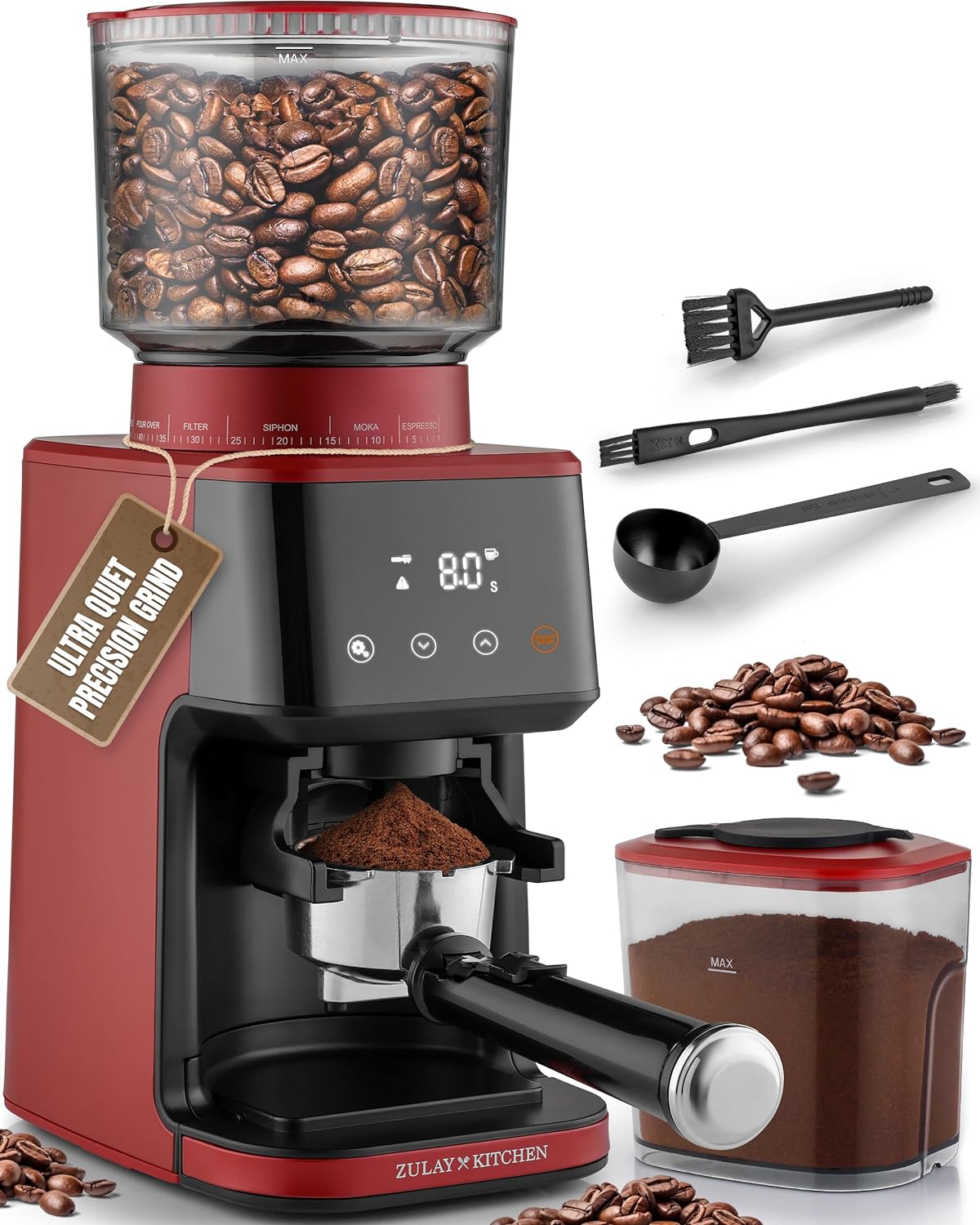 Zulay Kitchen Conical Espresso Burr Coffee Grinder - Touchscreen. 51 Bean Grind Settings. Precision Electric Timer. Stainless Steel - Includes Metal Scooper & 2 Cleaning Brushes