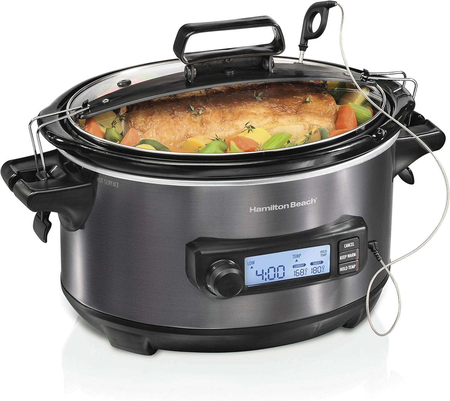 Hamilton Beach Portable 6 Quart Set & Forget Digital Programmable Slow Cooker with Lid Lock. Temperature Probe. Dishwasher Safe Crock & Lid. Stainless Steel (33969A)