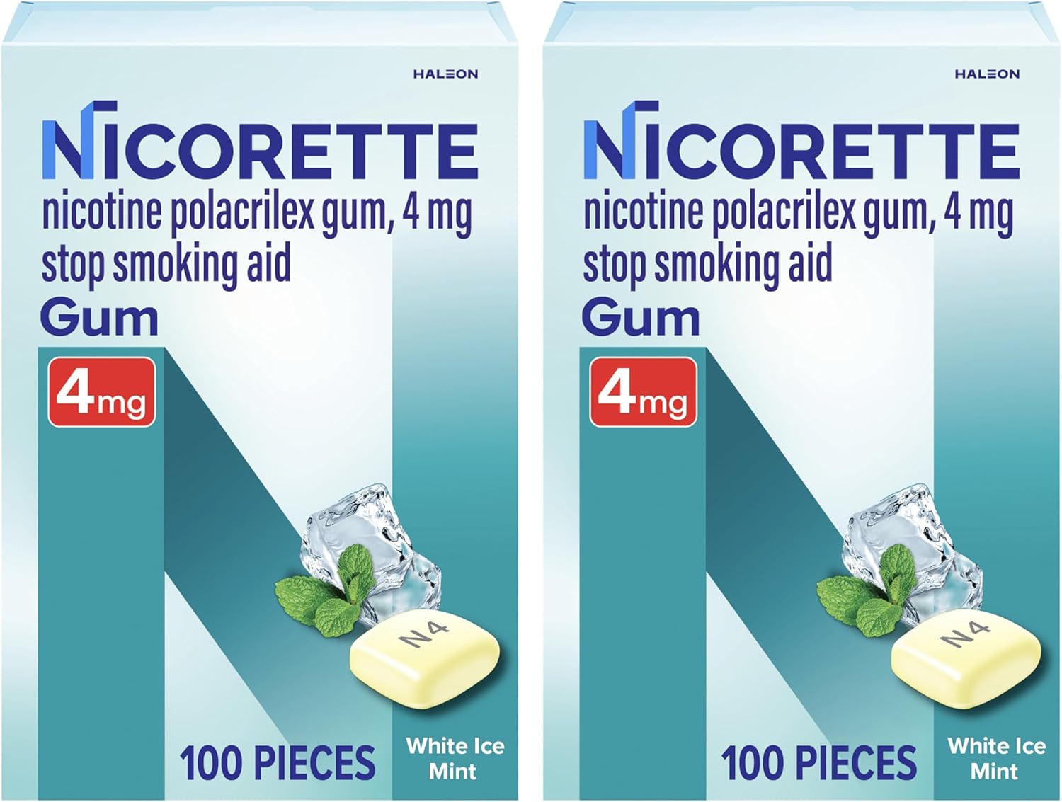 Nicorette Nicotine Gum Stop Smoking Aid. 4 mg. White Ice Mint Flavor - 100 Count (Pack of 2)