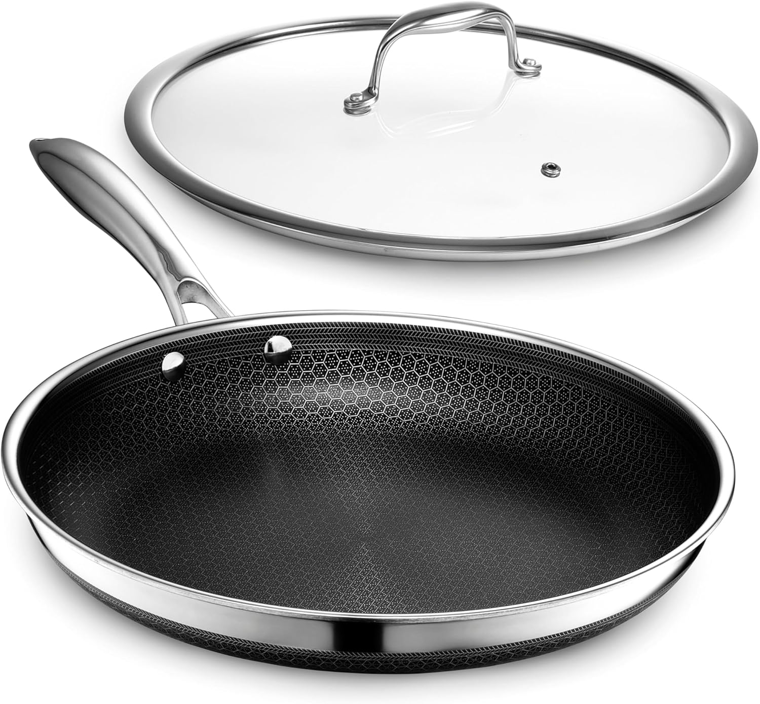HexClad Hybrid Nonstick 10-Inch Frying Pan. Stay-Cool Handle. Dishwasher-Friendly. Oven-Safe Up to 900°F. Induction Ready. Compatible with All Cooktops