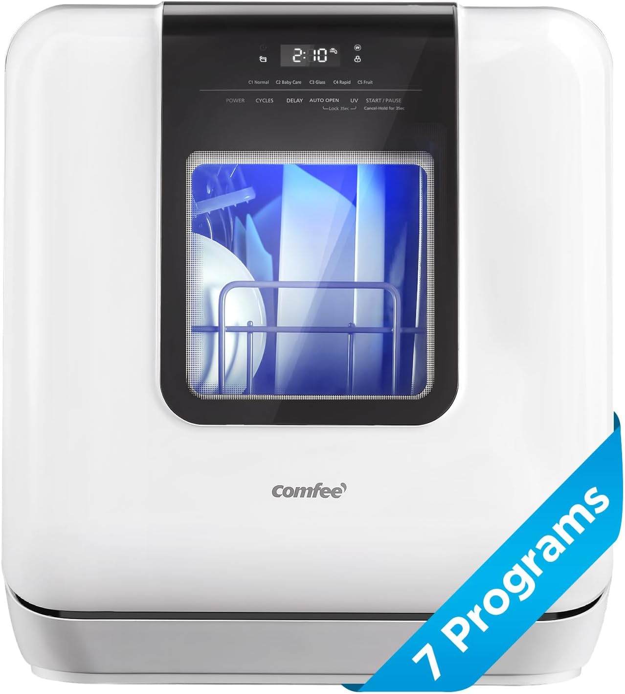 COMFEE' Portable Mini Dishwasher Countertop with 5L Built-in Water Tank for Apartments& RVs. No Hookup Needed. 6 Programs. 360° Dual Spray. 162℉ High-Temp& Air-Dry Function