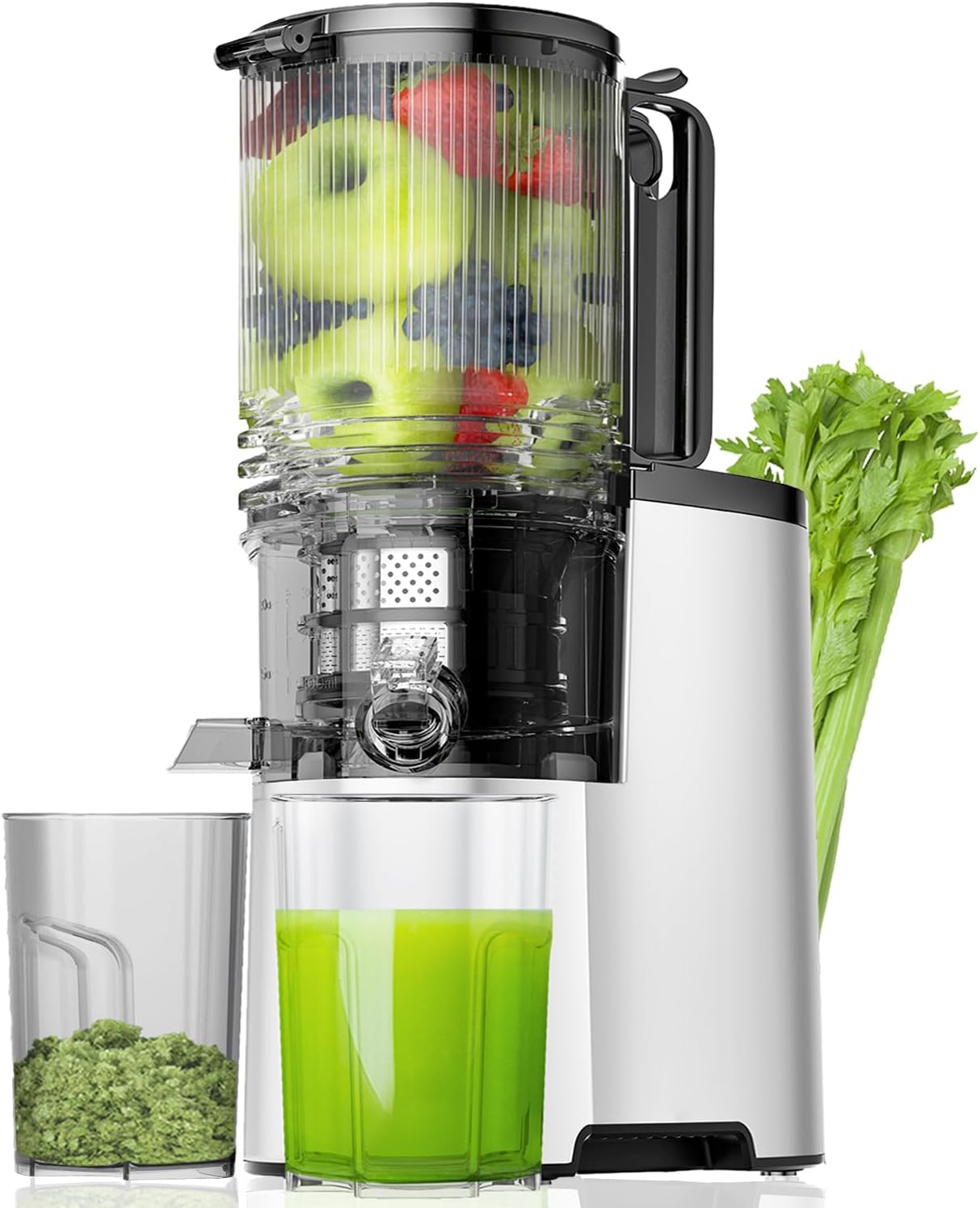 Cold Press Juicer. 5.8" Wide Feed Chute Juice Extractor Machine with 400W. High Juice Yield. Slow Masticating Juicer for Whole Vegetables & Fruits. Metallic Silver