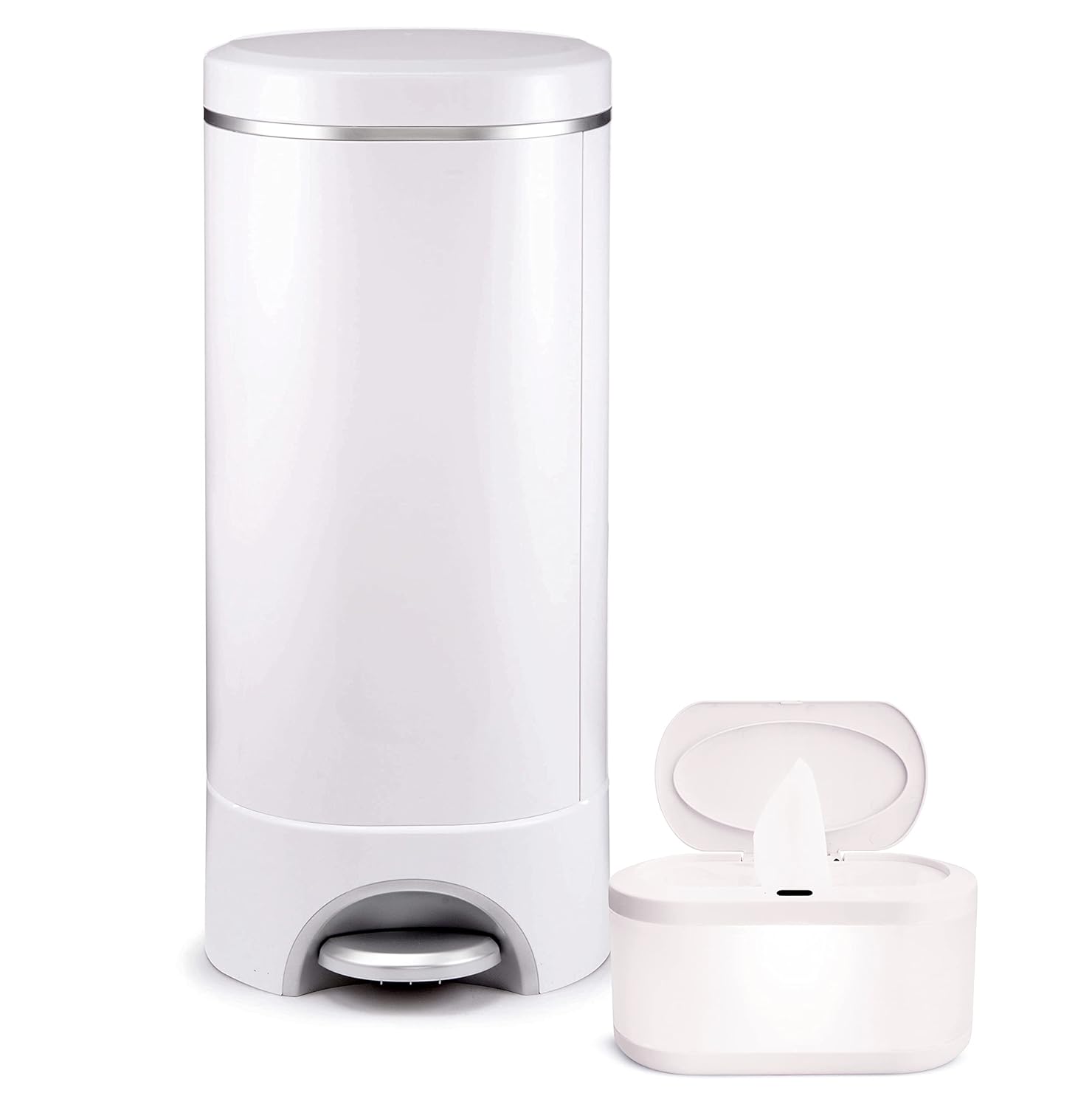 Munchkin® STEP™ Diaper Pail Powered by Arm & Hammer. #1 in Odor Control. Award-Winning. Includes 1 Snap. Seal & Toss™ Bag. 1 Starter Refill Ring. and 1 PUCK™ Baking Soda Cartridge