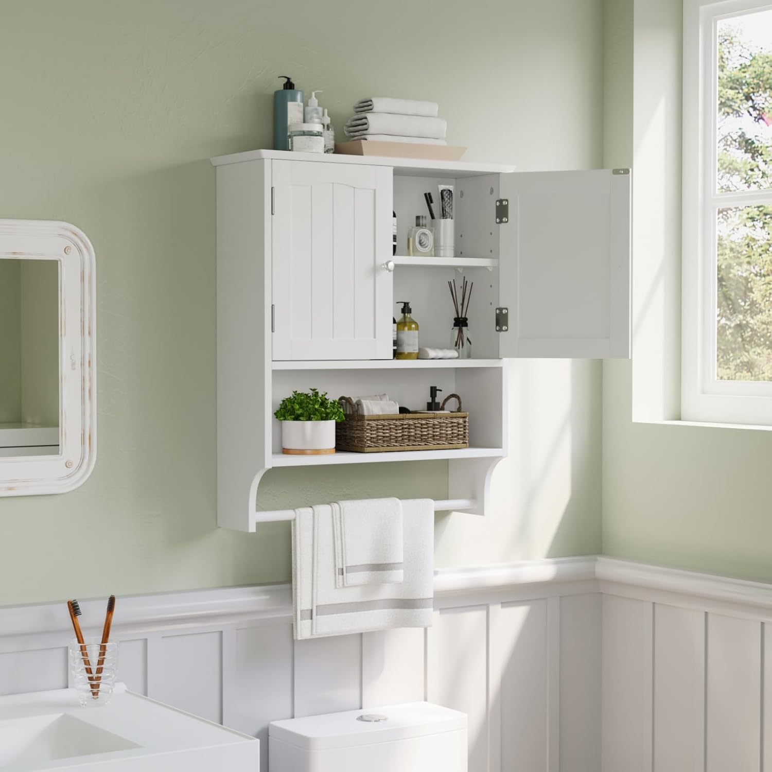 Smuxee White Bathroom Cabinet Wall Mounted with Towels Bar. Bathroom Medicine Cabinet with 2 Door Adjustable Shelves. Over Toilet Cabinet for Bathroom Laundry Room Kitchen