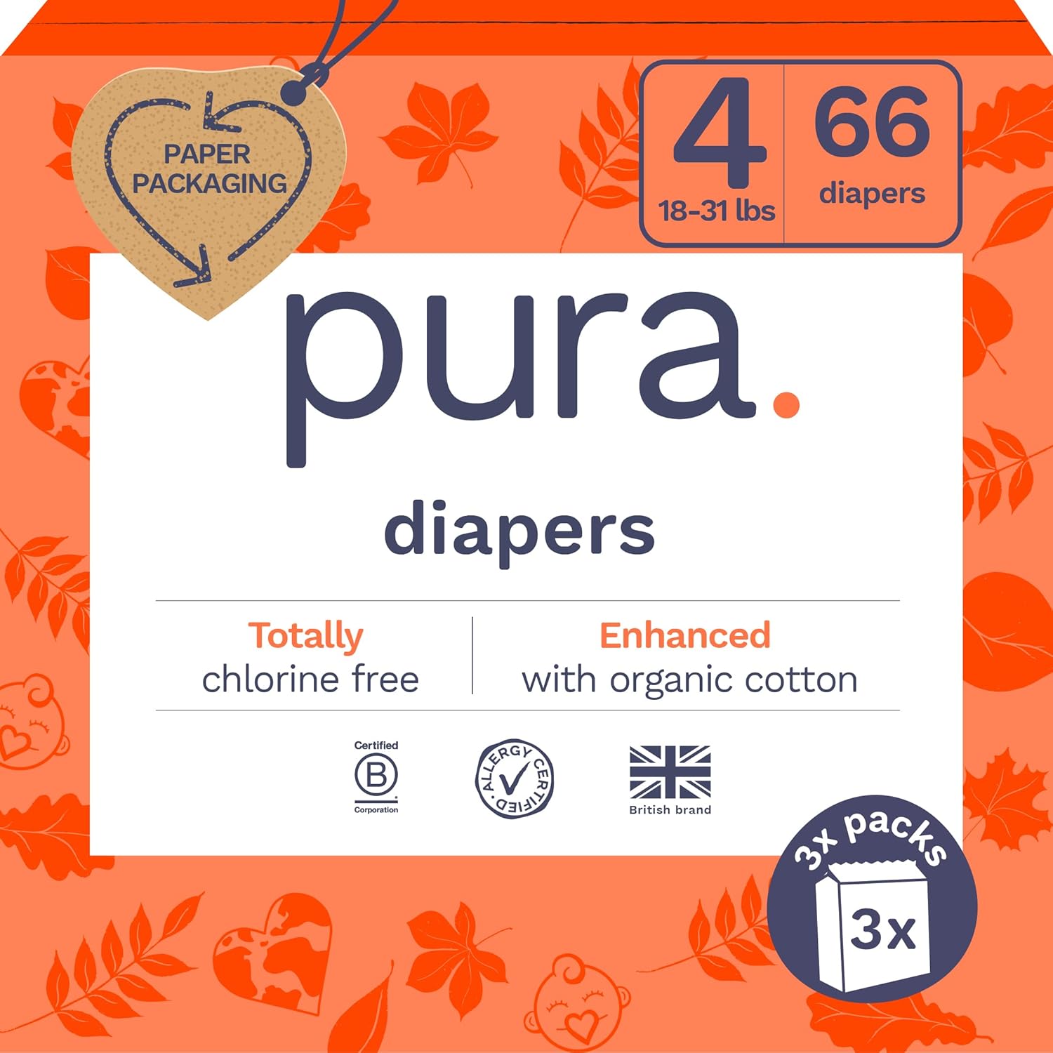 Pura Size 4 Eco-Friendly Diapers (18-31 lbs) Hypoallergenic. Soft Organic Cotton. Sustainable. up to 12 Hours Leak Protection. Allergy UK. Recyclable Packaging. 6 Packs of 22 (132 Diapers)