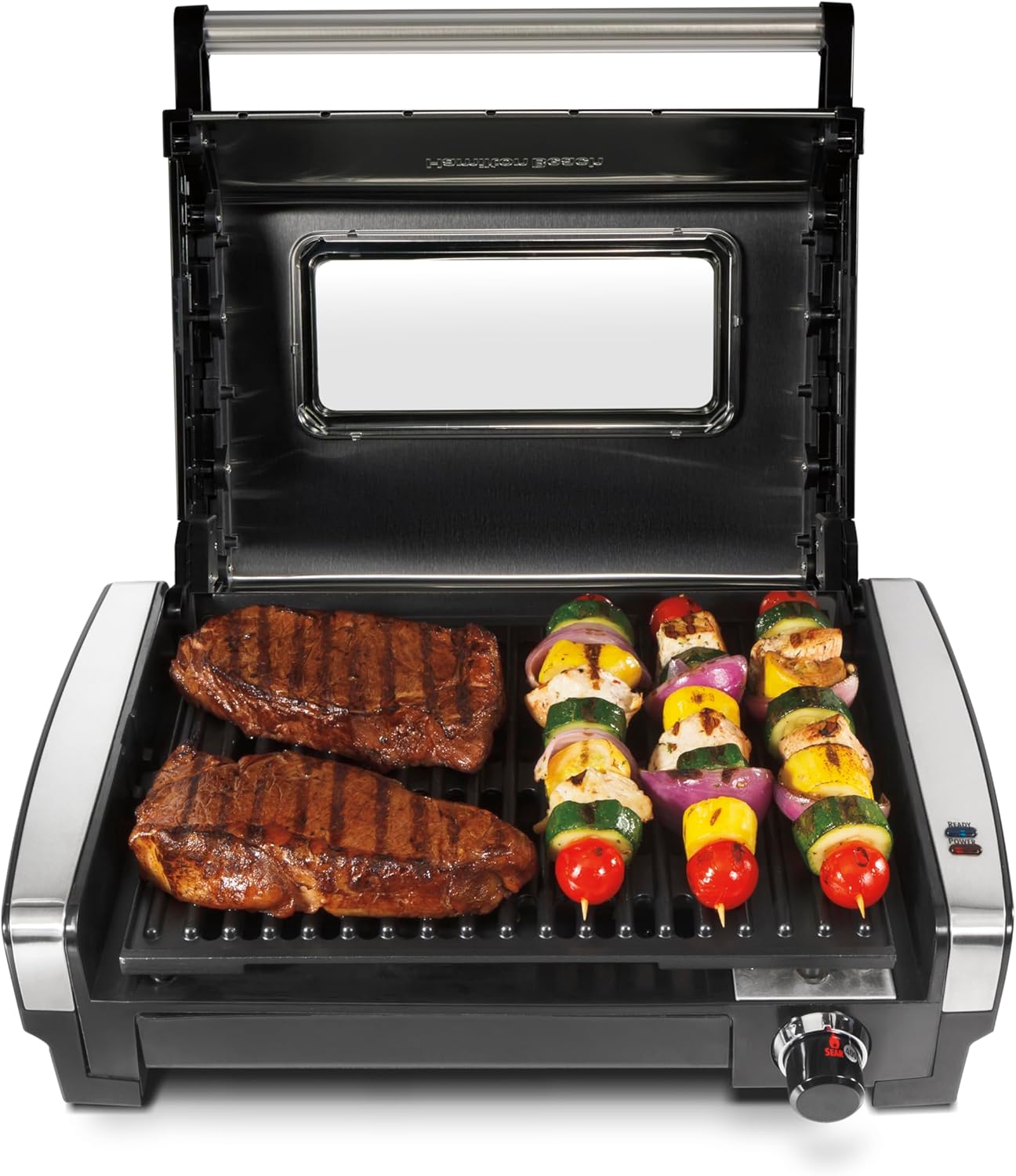 Hamilton Beach Electric Indoor Searing Grill with Viewing Window & Adjustable Temperature Control to 450F. 118 sq. in. Surface Serves 6. PFAS-Free Removable Nonstick Grate. Stainless Steel