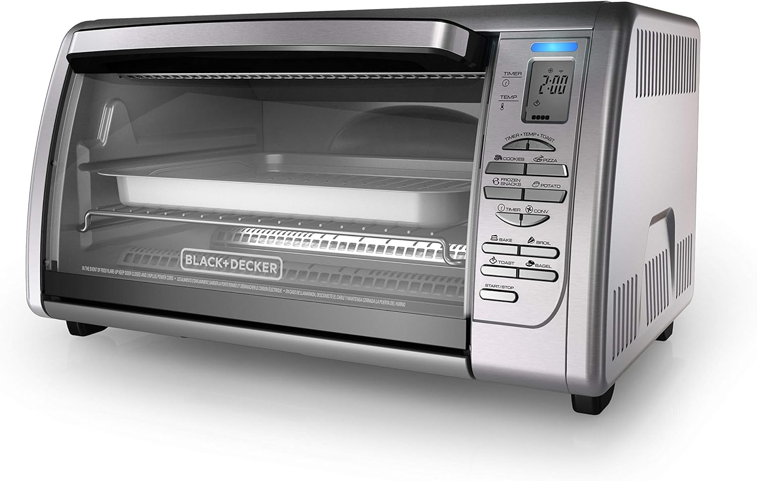 BLACK+DECKER 4-Slice Toaster Oven. Even Toast. 4 Cooking Functions Bake. Broil. Toast and Keep Warm. Removable Crumb Tray. Timer