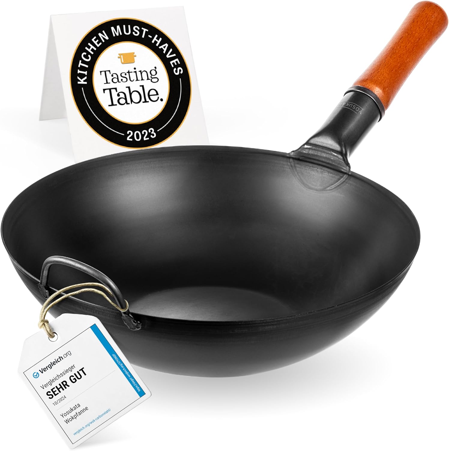 YOSUKATA 13.5" Carbon Steel Wok Pan – Pre-Seasoned Flat Bottom Pow Wok for Stir Fry. BBQ. Grill & Camping – Traditional Japanese Chinese Cookware – Compatible with Induction. Electric. Gas. Open Fire