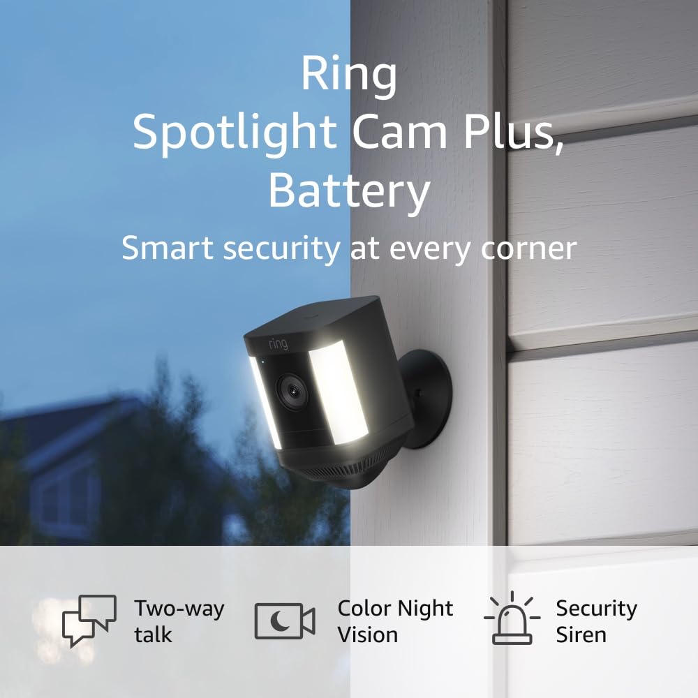 Ring Spotlight Cam Plus. Battery | Two-Way Talk. Color Night Vision. and Security Siren (2022 release) - White