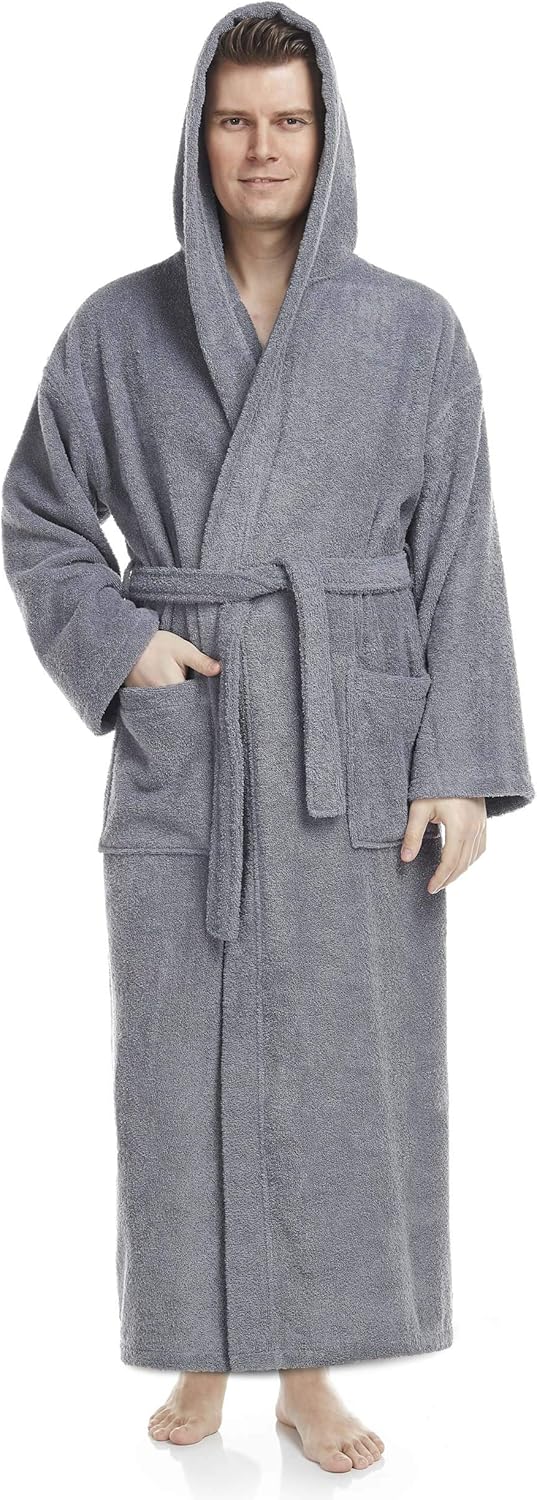 Arus Men's Hooded Classic Bathrobe Turkish Cotton Robe with Full Length Options