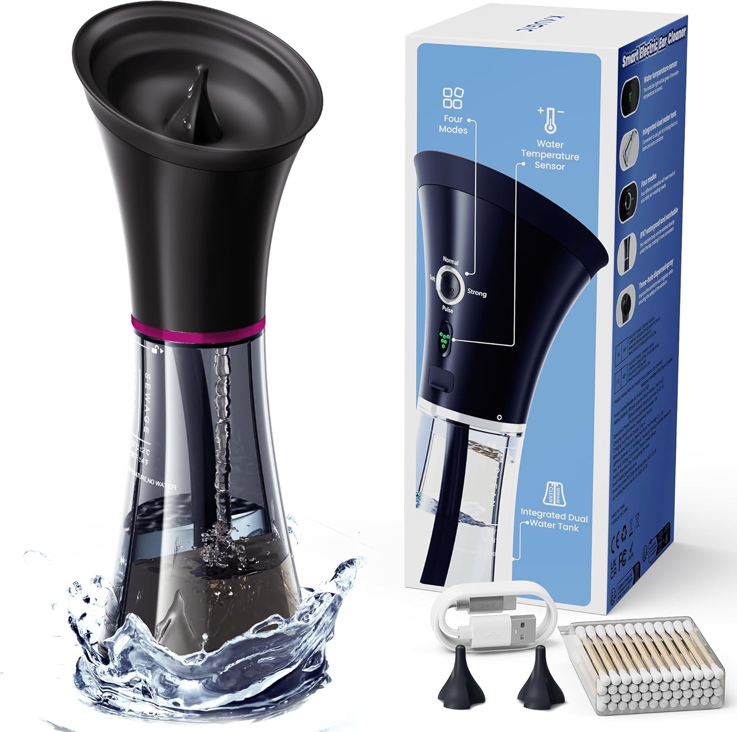 Upgraded Ear Wax Removal with One-Piece Waste Tank. Safe Ear Cleaner with Water Temperature Sensor. FSA/HSA Eligible Effective Ear Irrigation Kit & USB-A to C Cable. IPX7. Black