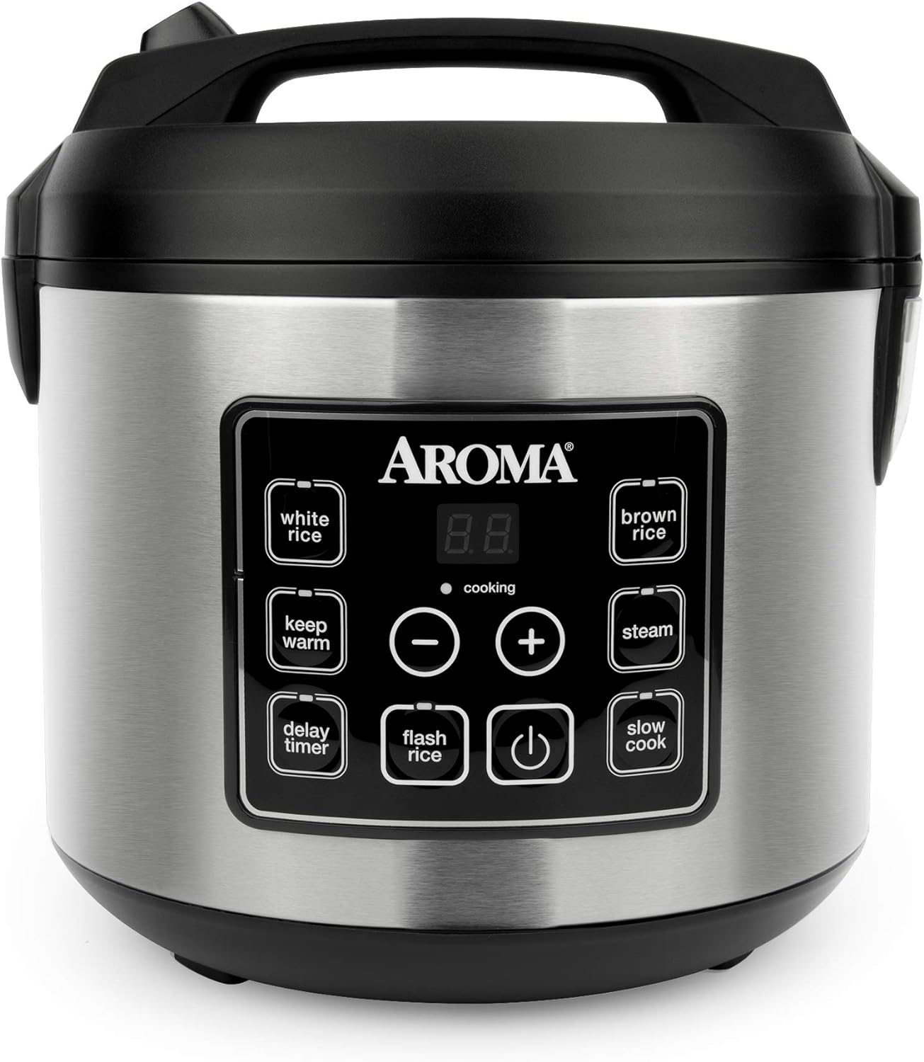 Aroma Housewares Professional Plus ARC-5000SB 20 Cup (Cooked) Digital Rice Cooker. Food Steamer. Slow Cooker. Stainless Exterior/Nonstick Pot. Silver. Black. 10-cup uncooked/20-cup cooked/4QT