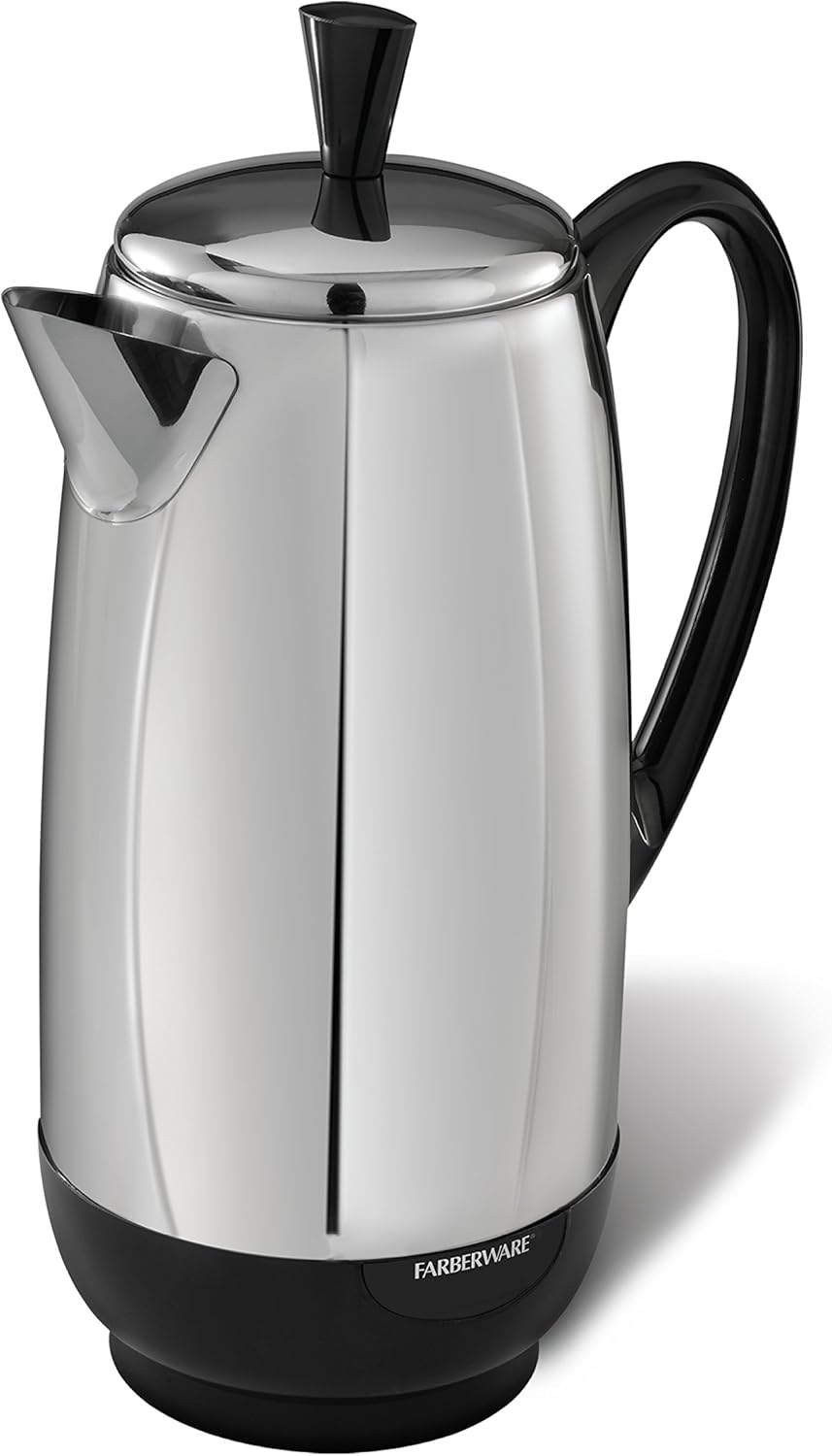 Farberware 12 Cup Electric Coffee Percolator. Coffee Maker with Stainless Steel Basket. Automatic Keep Warm. No-Drip Spout