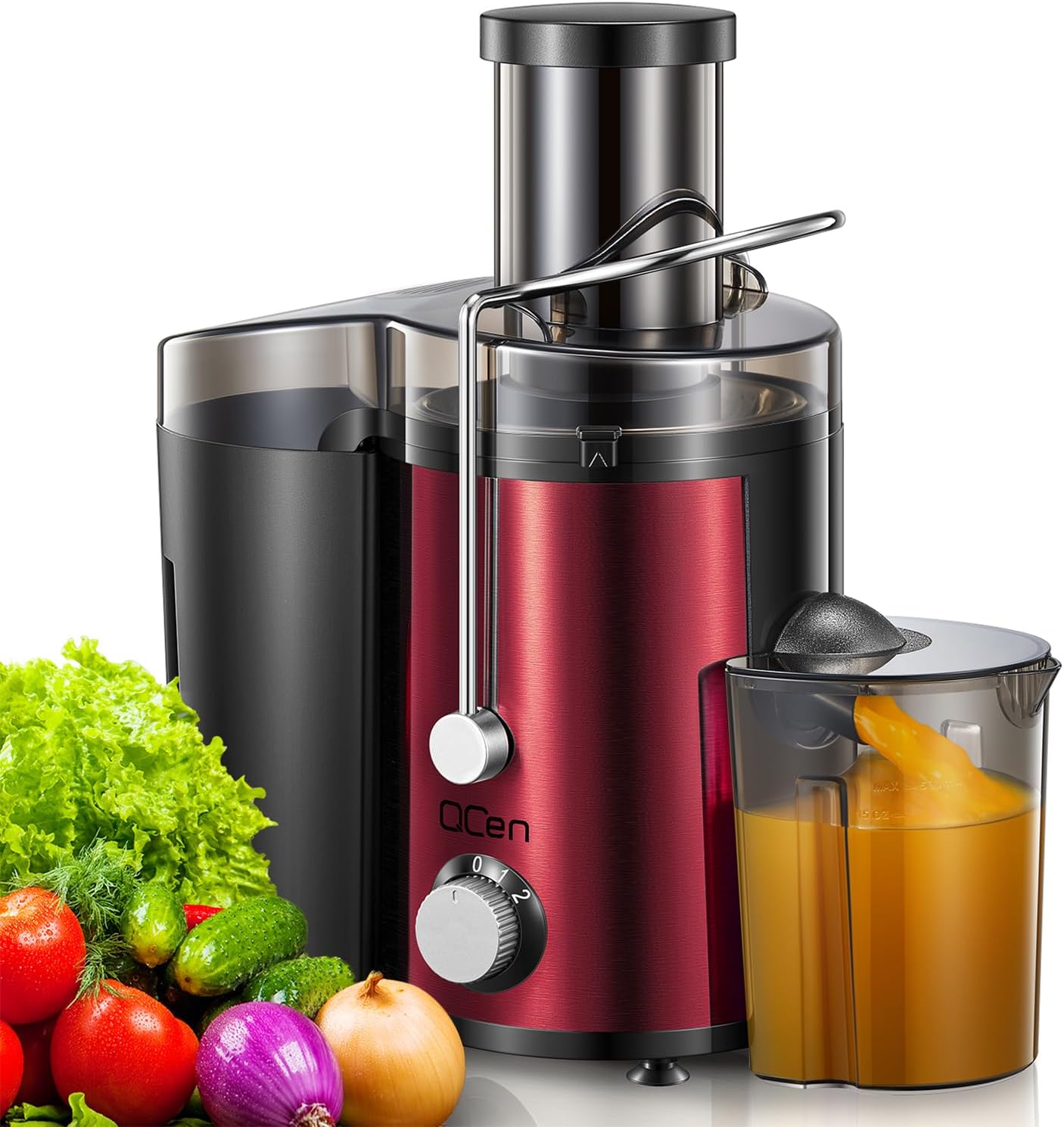 Qcen Juicer Machine. 800W Centrifugal Juicer Extractor with Wide Mouth 3” Feed Chute for Fruit Vegetable. Easy to Clean. Stainless Steel. BPA-free (Black)