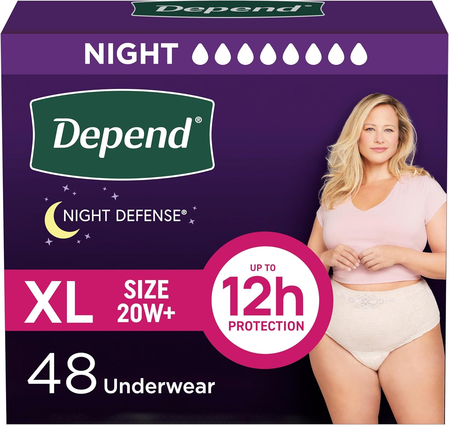Depend Night Defense Adult Incontinence & Postpartum Bladder Leak Underwear for Women. Disposable. Overnight. Large. Blush. 56 Count (4 Packs of 14). Packaging May Vary