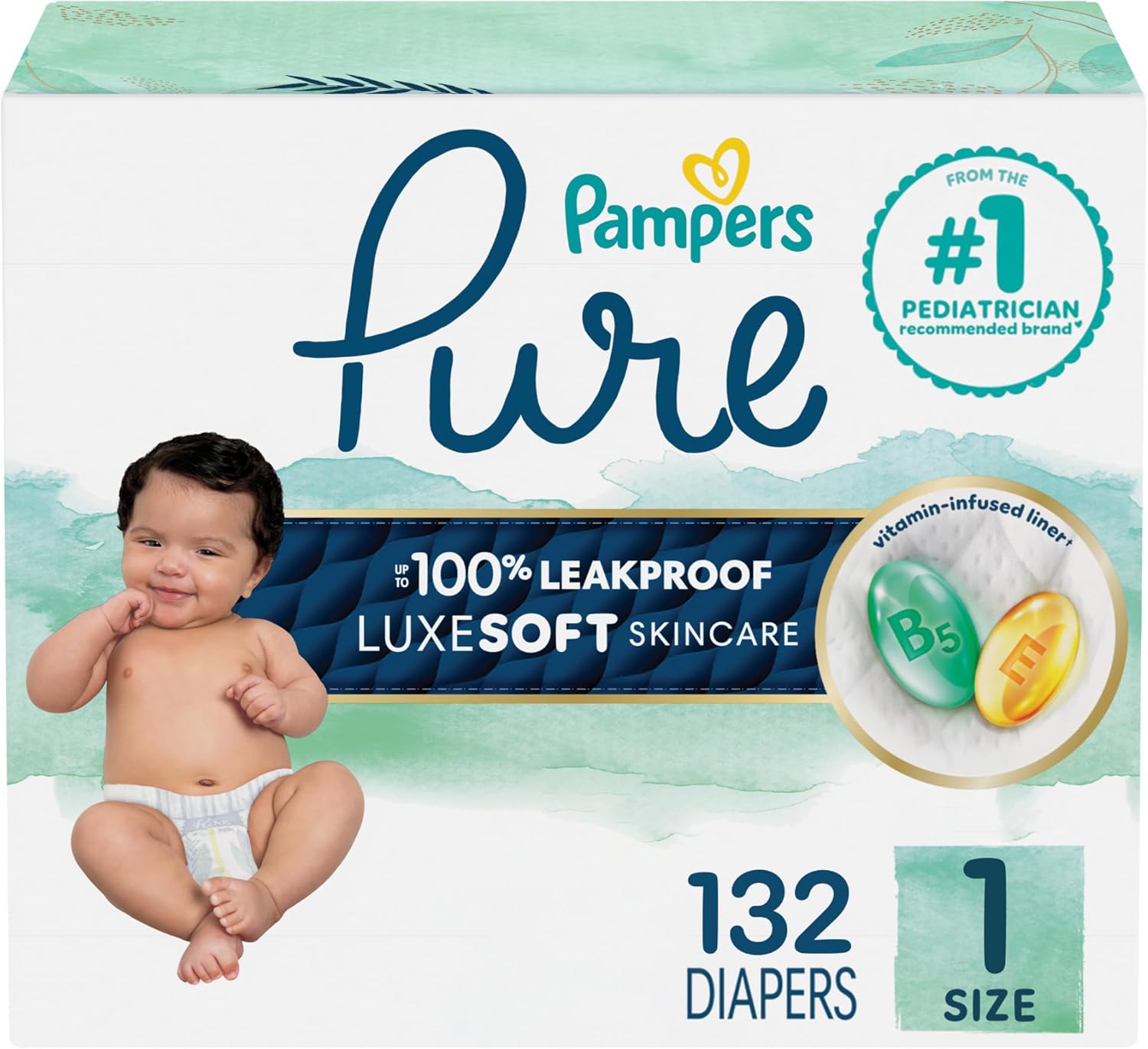 Pampers Pure Protection Baby Diapers. Size 5 (27+ lbs). 132 Count. Up to 100% Leakproof. Premium Plant-based Skin Protection. Hypoallergenic Soft Diapers