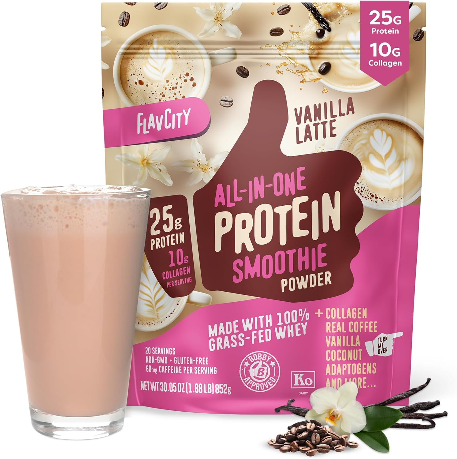 FlavCity Grass Fed Whey Protein Powder - Vanilla Smoothie - 25g Protein & 10g Collagen - Made with Real Vanilla Bean & Organic Coconut Milk - Gluten Free & No Added Sugars (20 Servings)