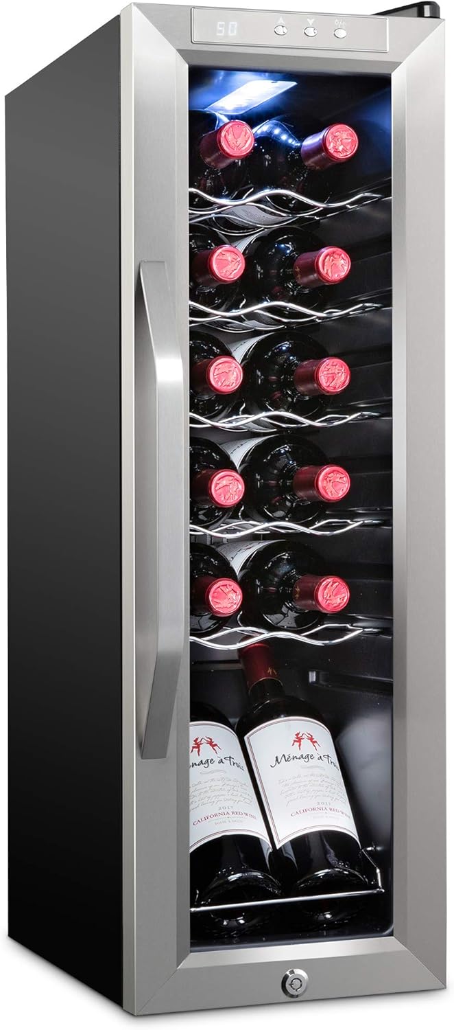 Ivation 12 Bottle Compressor Wine Cooler Refrigerator w/Lock. Large Freestanding Wine Cellar Fridge. 41f-64f Digital Temperature Control Glass Door Black