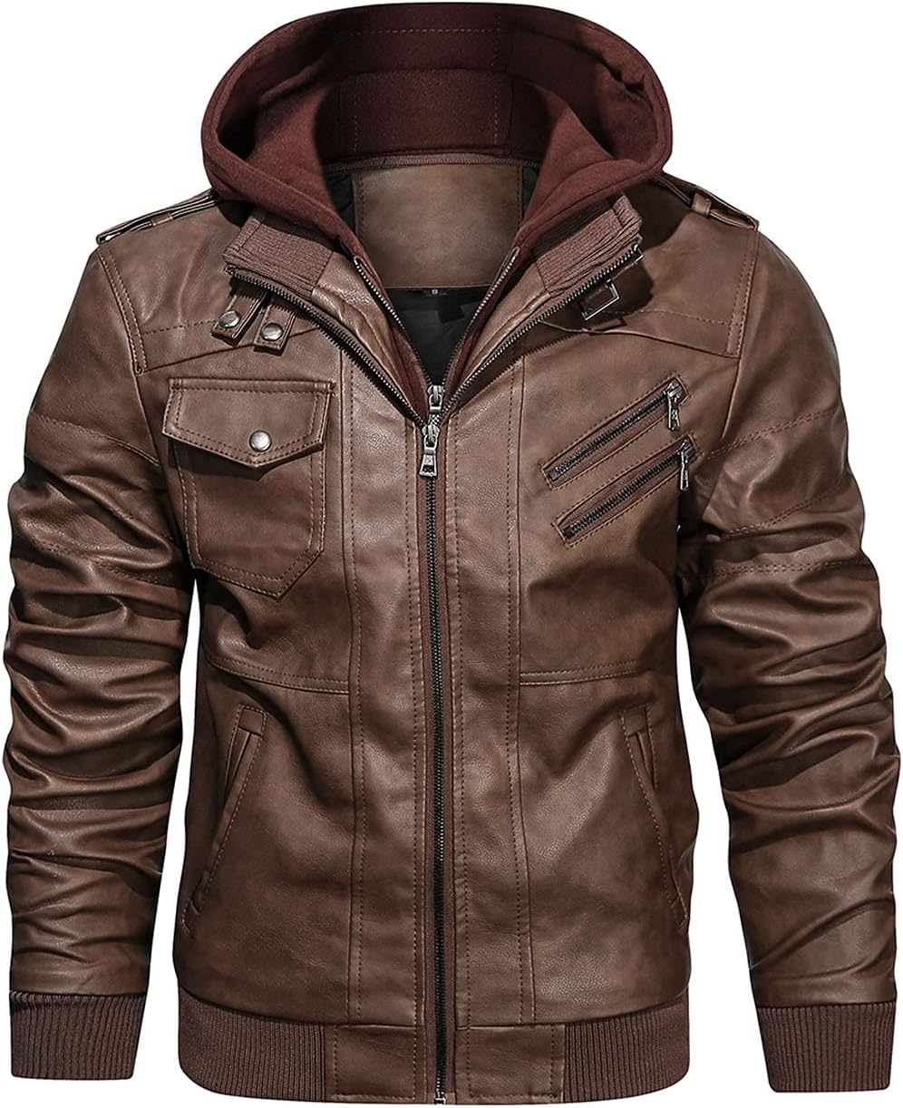 HOOD CREW Men's Casual Stand Collar PU Faux Leather Zip-Up Motorcycle Bomber Jacket With a Removable Hood