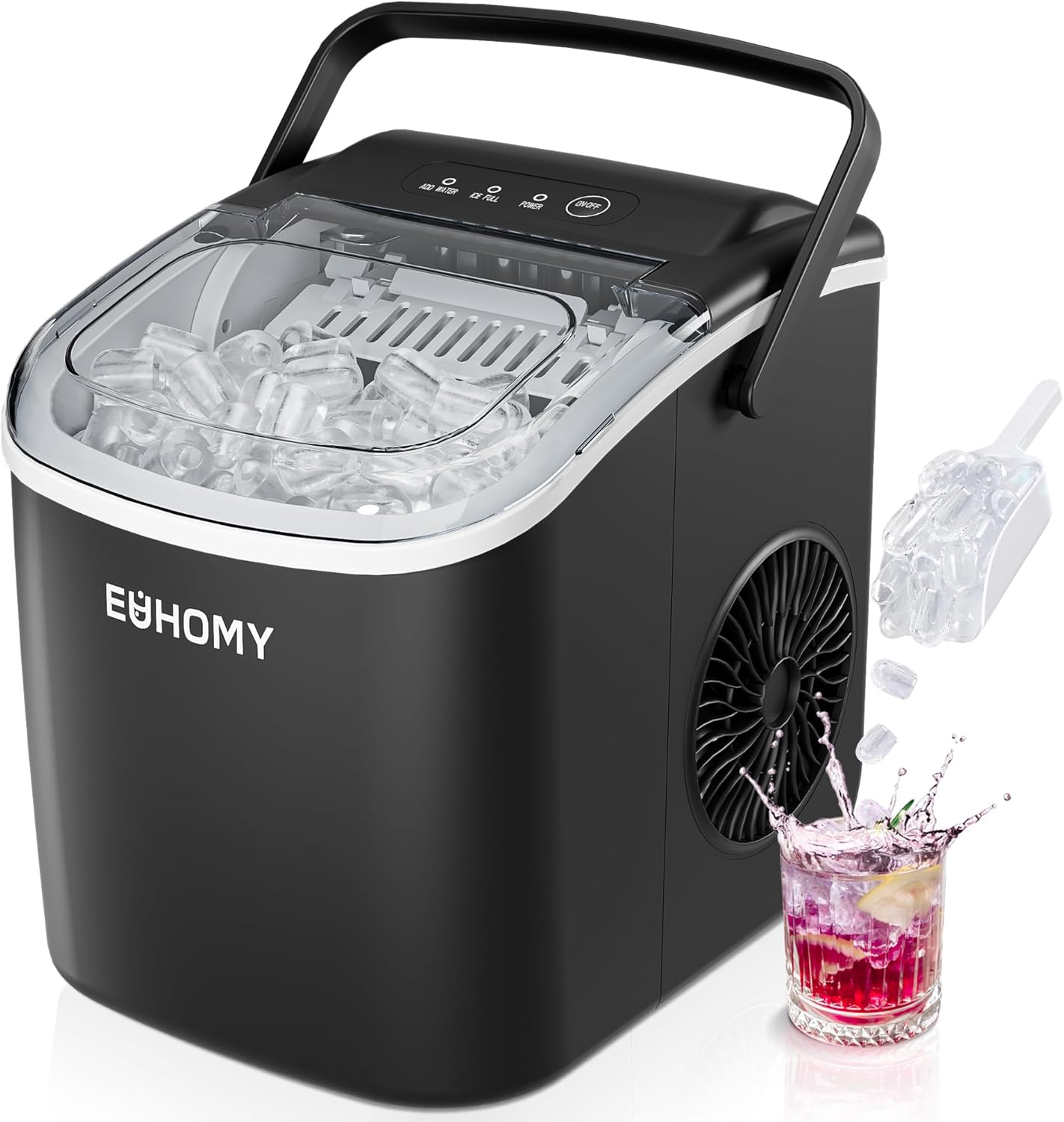 EUHOMY Countertop Ice Maker Machine with Handle. 26lbs in 24Hrs. 9 Ice Cubes Ready in 6 Mins. Auto-Cleaning Portable Ice Maker with Basket and Scoop. for Home/Kitchen/Camping/RV. (Black)