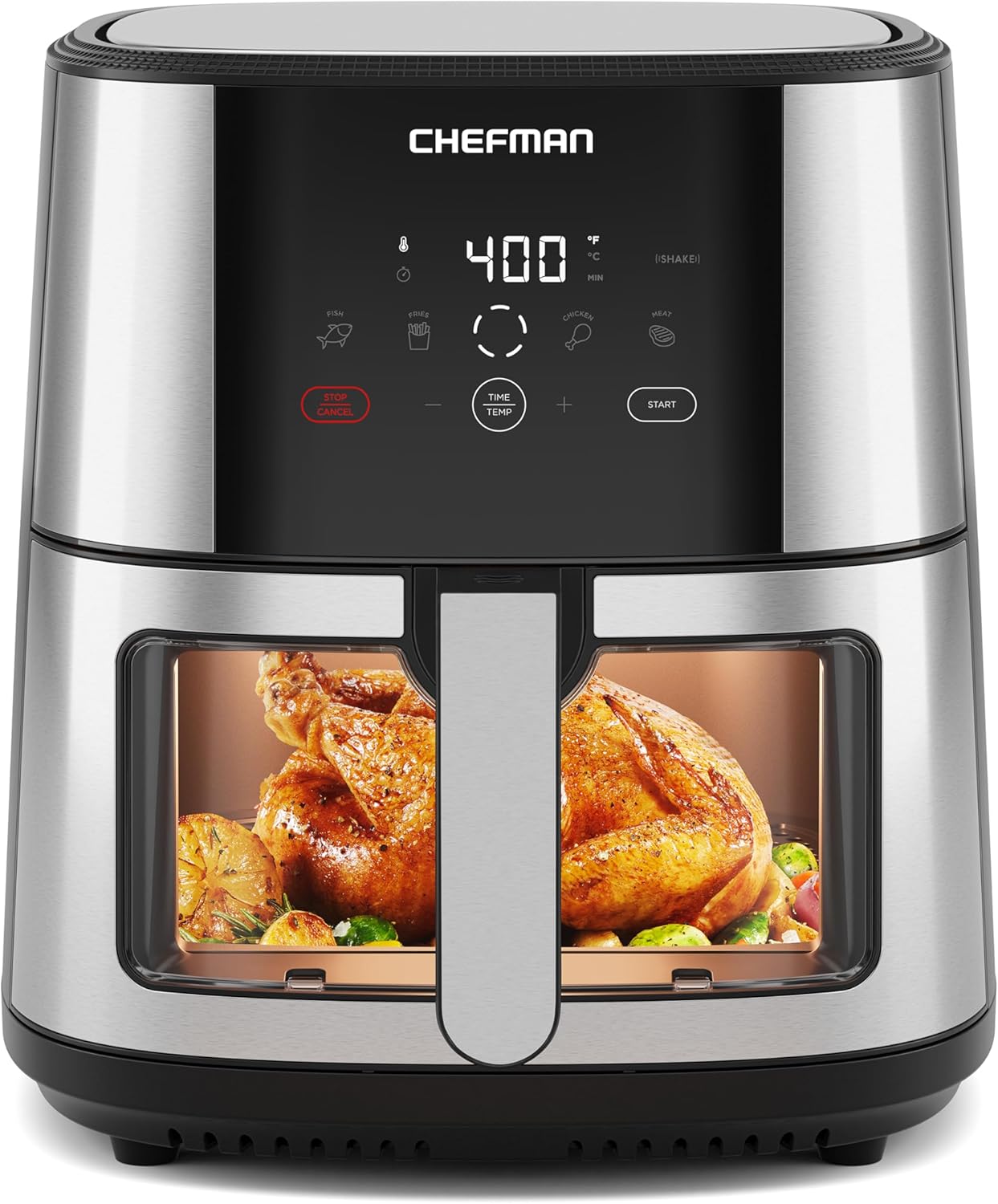 Chefman TurboFry® Touch Air Fryer. XL 8-Qt Family Size. One-Touch Digital Control Presets. French Fries. Chicken. Meat. Fish. Nonstick Dishwasher-Safe Parts. Automatic Shutoff. Stainless Steel
